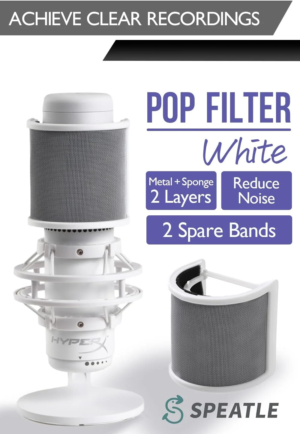 فیلتر پاپ میکروفون سفید، محافظ باد میکروفون سازگار با HyperX QuadCast S سفید