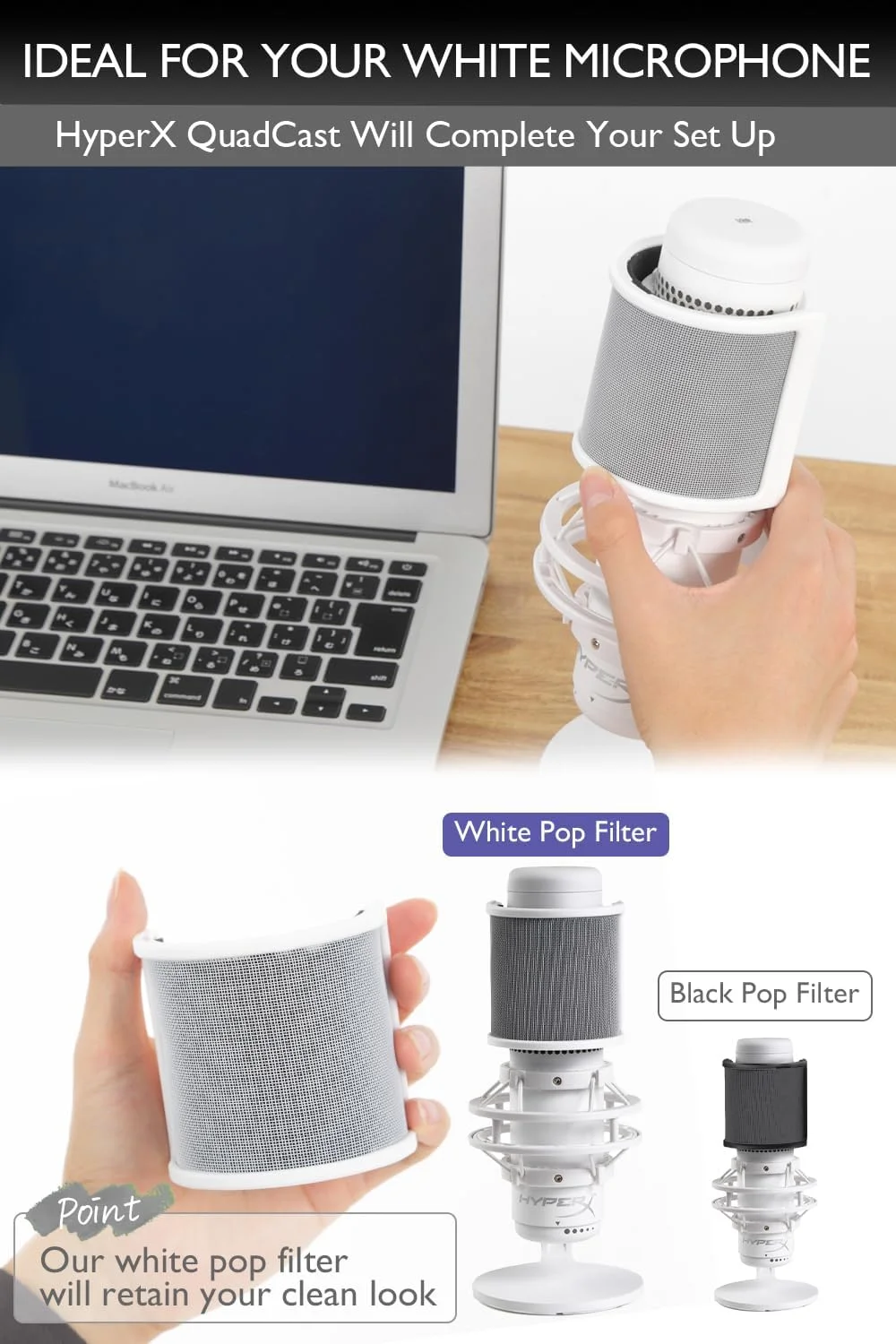 فیلتر پاپ میکروفون سفید، محافظ باد میکروفون سازگار با HyperX QuadCast S سفید