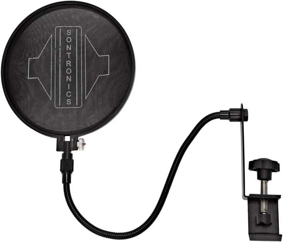 فیلتر پاپ شیلد توری نایلونی دو لایه SONTRONICS ST-POP، با گردن غازی انعطاف پذیر و گیره جهانی. صدای ناخوشایند ناشی از صامت های S، Z، SH و CH را کاهش می دهد. همراه با کارتریج یدکی. مشکی