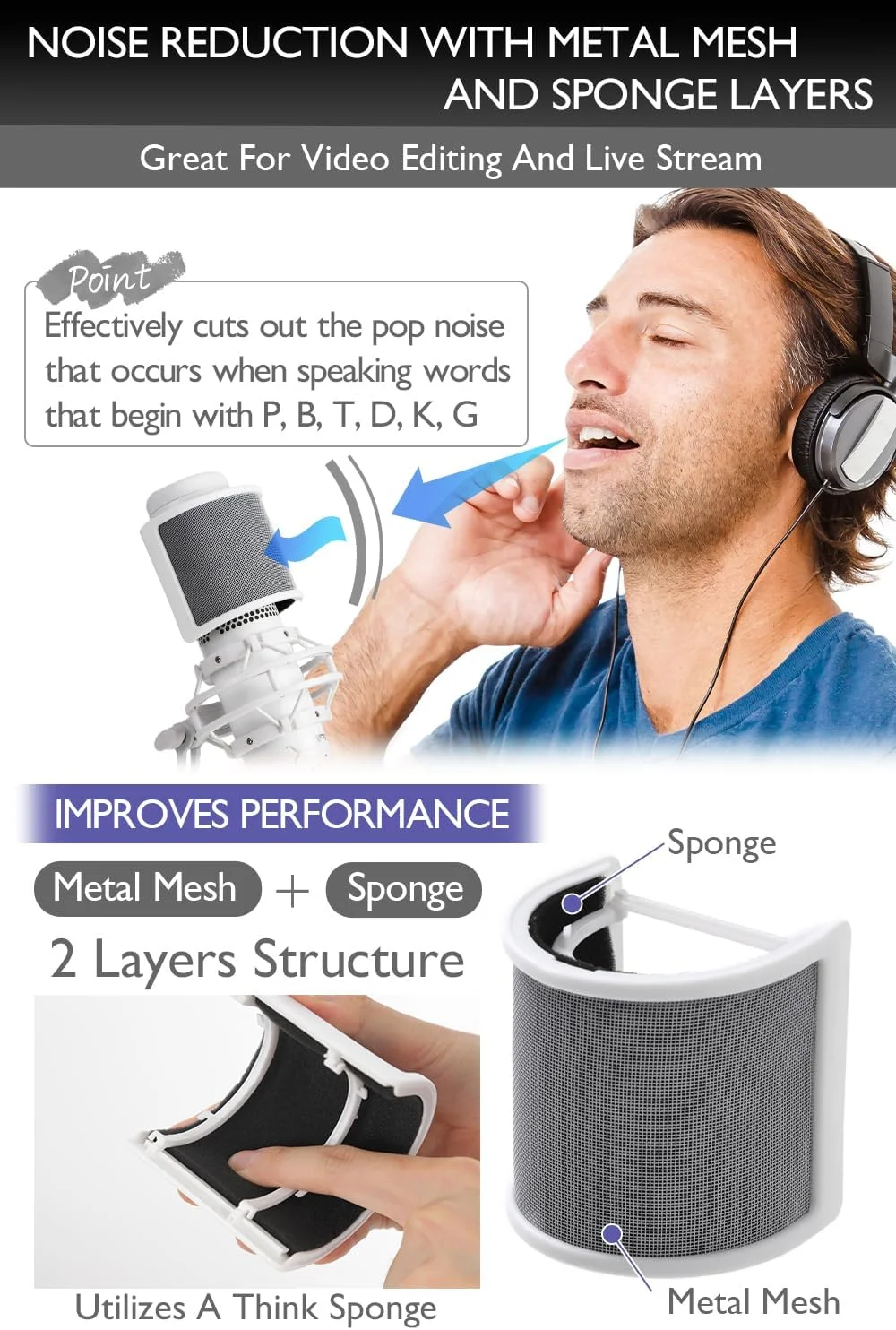 فیلتر پاپ میکروفون سفید، محافظ باد میکروفون سازگار با HyperX QuadCast S سفید