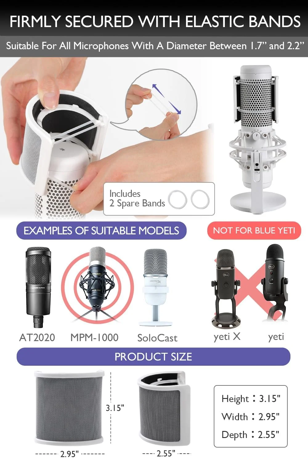 فیلتر پاپ میکروفون سفید، محافظ باد میکروفون سازگار با HyperX QuadCast S سفید