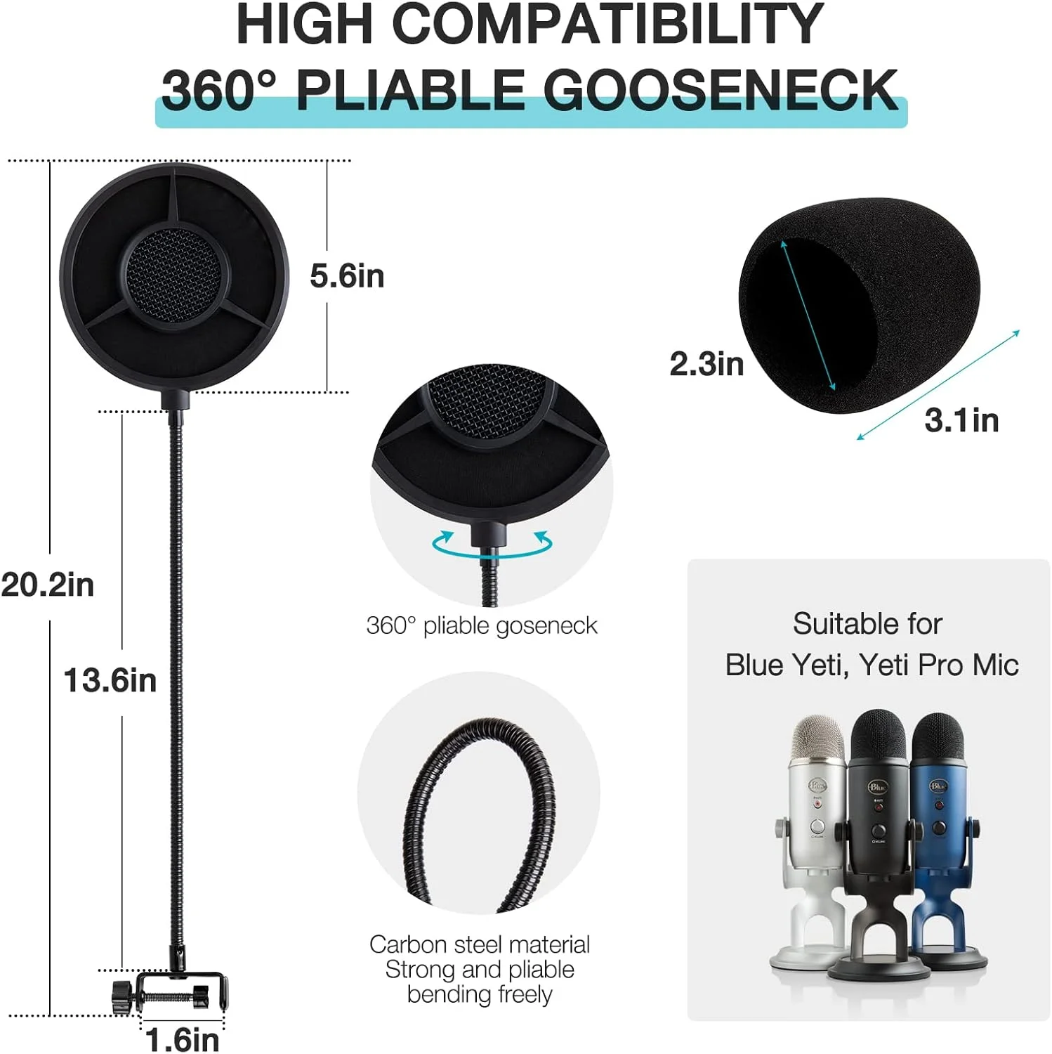 فیلتر پاپ YOUSHARES برای میکروفون Blue Yeti - قطر 5.5 اینچ، 6 لایه فیلتر پاپ برای پوشش میکروفون Yeti، صفحه پاپ سازگار با میکروفون Blue Yeti، فیلتر پاپ فلزی حرفه ای