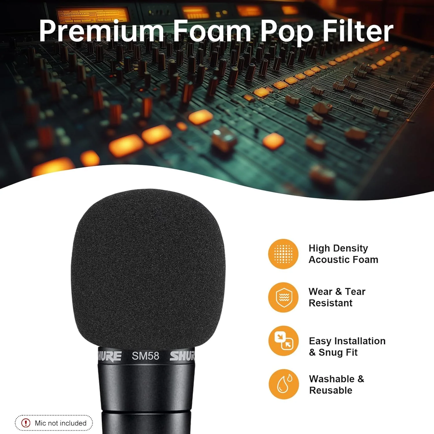 فیلتر پاپ/بادگیر برای میکروفون های Shure SM58 SM58S SM58LC SM58-CN SM58-X2U SM48 Beta-58A، روکش فوم میکروفون برای فیلتر کردن صداهای ناگهانی، صدای خش خش و سایر صداهای محیط (بسته 3 عددی، مشکی)