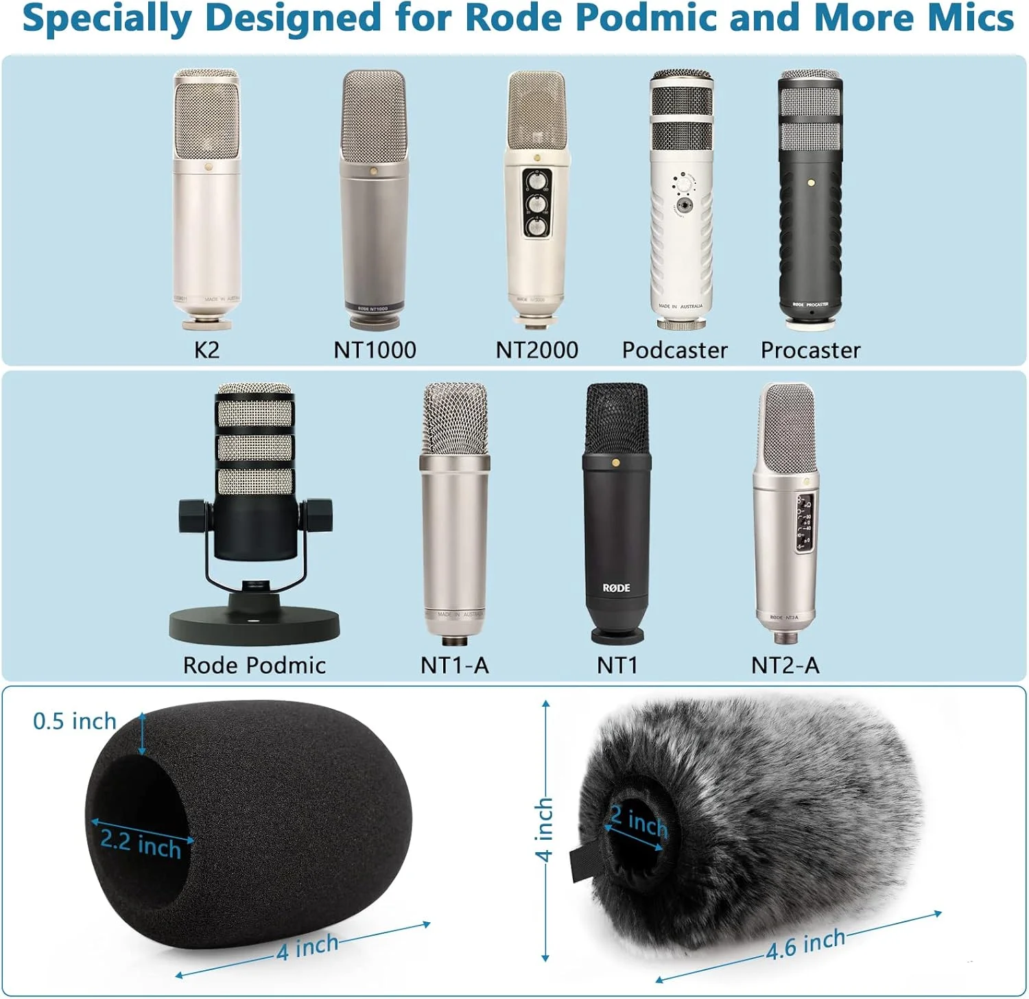 پاپ فیلتر بادگیر سازگار با Rode Podmic، Procaster، Podcaster، NT1، NT1-A، NT2-A، NT-USB، K2، NT1000، NT2000، روکش فوم میکروفون + روکش خزدار میکروفون سازگار با Rode Podmic، بسته ترکیبی 2 عددی