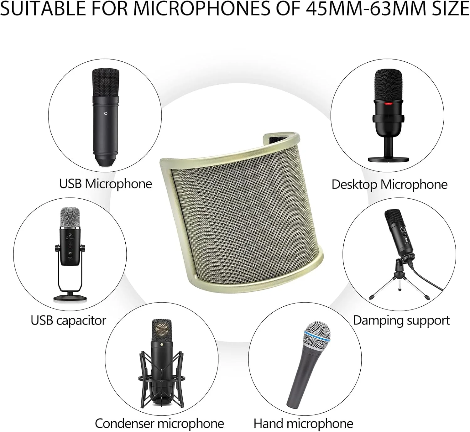 فیلتر پاپ میکروفون سه لایه ارتقا یافته U-tech با لایه های توری الاستیک، فوم و اتامین - پوشش محافظ بادگیر میکروفون و ماسک محافظ دستی ایده آل برای ضبط صدا، ویدیوهای یوتیوب و استریم (طلایی)