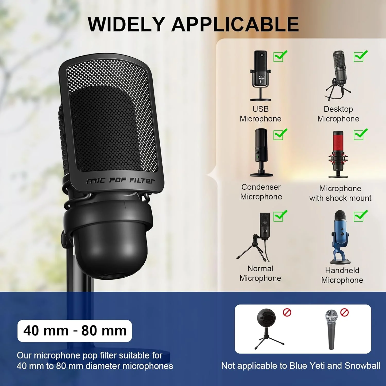 پاپ فیلتر Aokeo، پاپ فیلتر میکروفون برای ضبط صدا، ویدیوهای یوتیوب، استریمینگ، سازگار با اکثر میکروفون ها