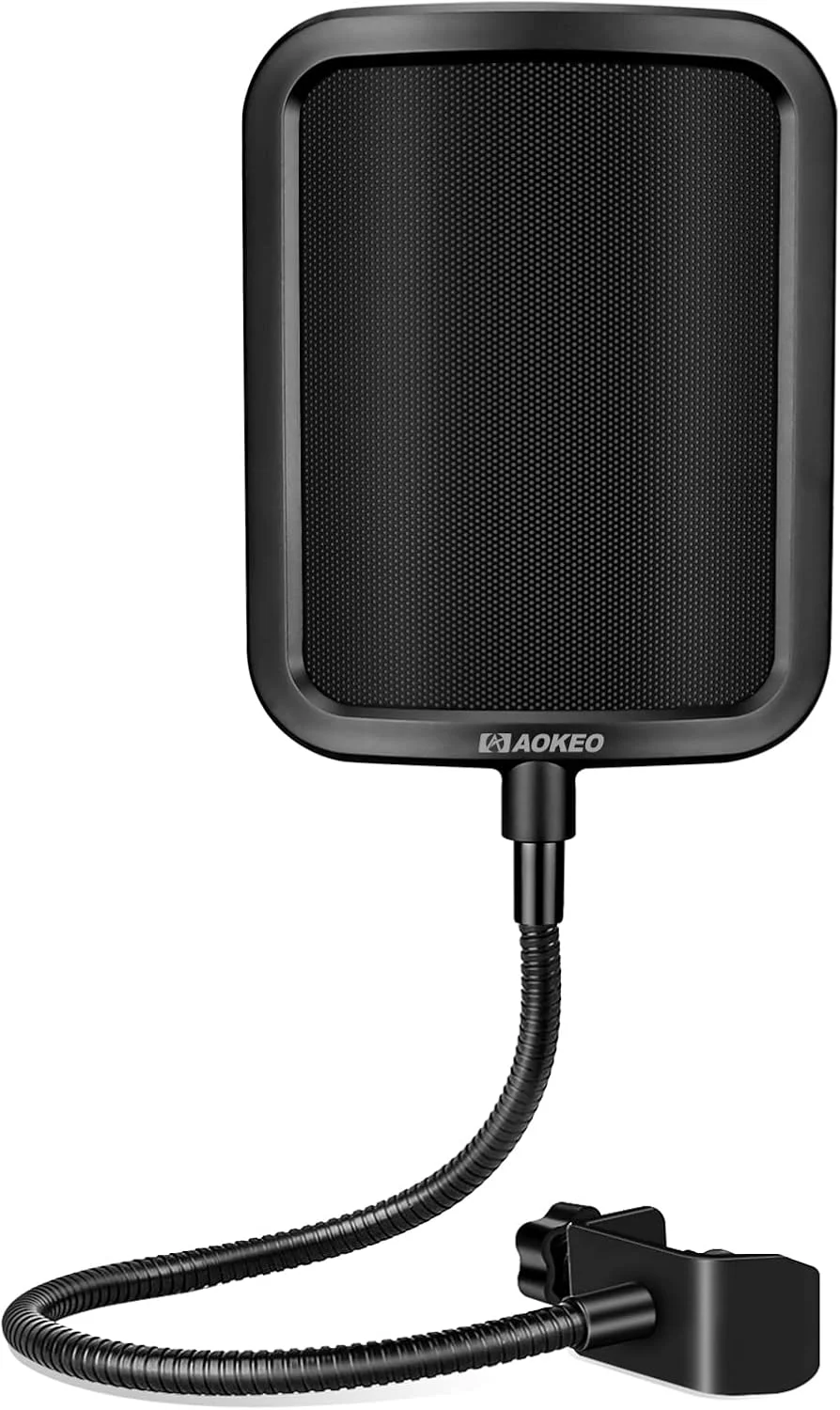 فیلتر پاپ میکروفون فلزی حرفه ای Aokeo برای Blue Yeti، HyperX QuadCast و هر میکروفون دیگر، محافظ پاپ میکروفون با بازوی تثبیت کننده گیره گردن غازی انعطاف پذیر 360 درجه