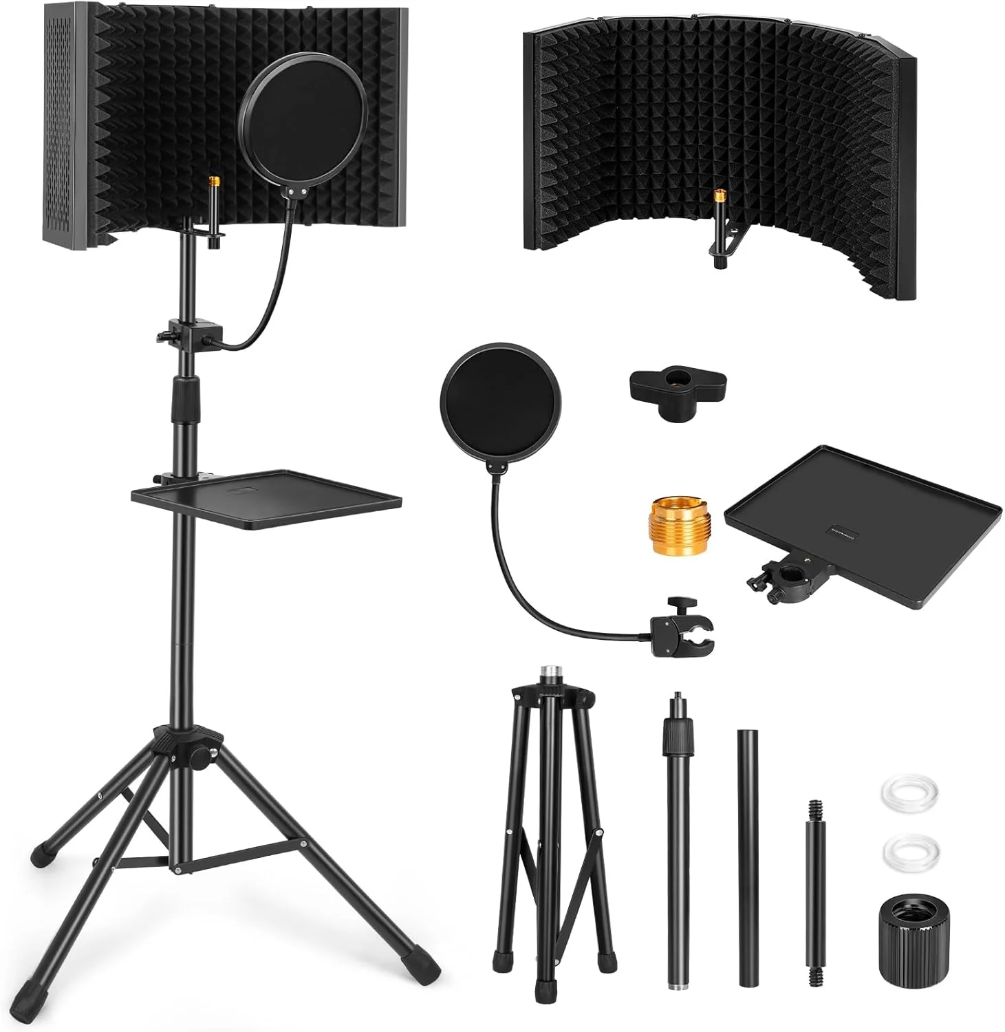 محافظ عایق صدای میکروفون استودیویی AKOZLIN، محافظ تاشو صدا با فیلتر پاپ و پایه سه پایه، آداپتور میکروفون 3/8 اینچ به 5/8 اینچ برای میکروفون های Blue Yeti و کندانسور، تجهیزات استودیوی ضبط