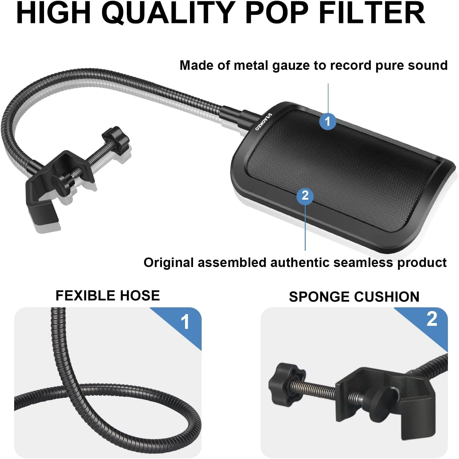 فیلتر پاپ میکروفون فلزی حرفه ای Aokeo برای Blue Yeti، HyperX QuadCast و هر میکروفون دیگر، محافظ پاپ میکروفون با بازوی تثبیت کننده گیره گردن غازی انعطاف پذیر 360 درجه