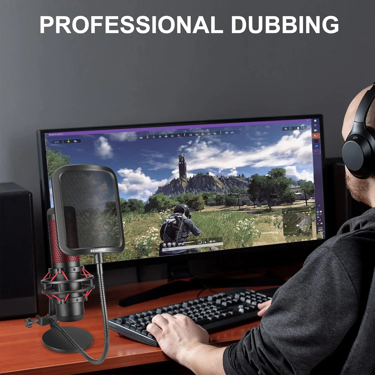 فیلتر پاپ میکروفون فلزی حرفه ای Aokeo برای Blue Yeti، HyperX QuadCast و هر میکروفون دیگر، محافظ پاپ میکروفون با بازوی تثبیت کننده گیره گردن غازی انعطاف پذیر 360 درجه