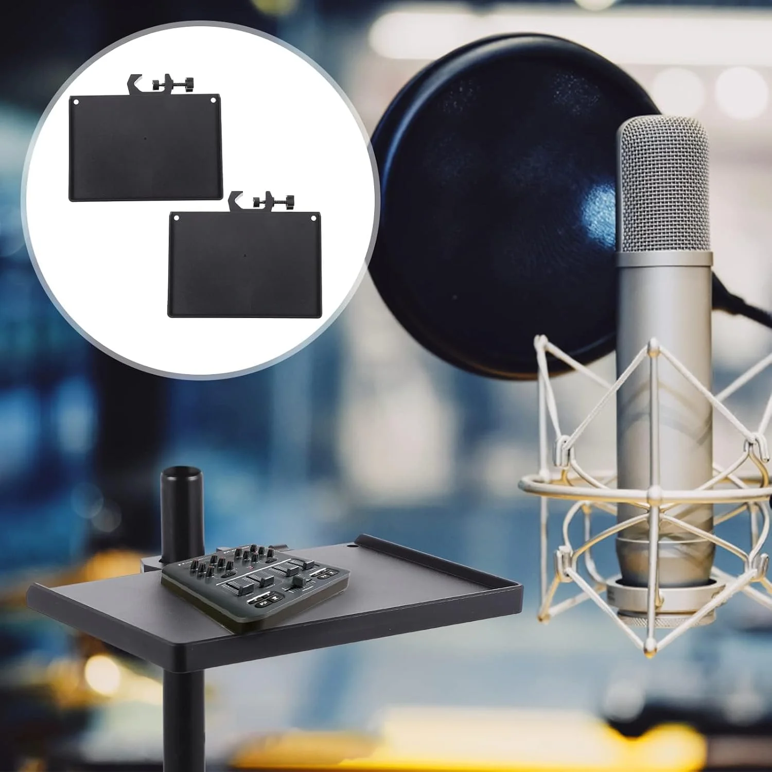 سینی نگهدارنده یونیورسال، 2 عدد سینی میکروفون و تلفن، مناسب برای پخش زنده، تلفن همراه، سه پایه، گیره میکروفون، رک پخش صدا، سینی کارت صدا میکروفون، براکت میکروفون، استیل ضد زنگ پایه میکروفون