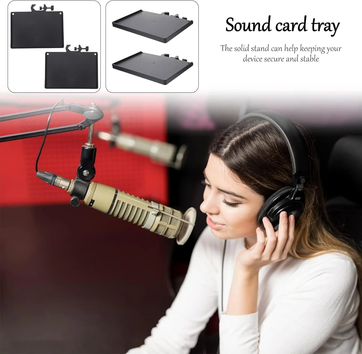 سینی نگهدارنده یونیورسال، 2 عدد سینی میکروفون و تلفن، مناسب برای پخش زنده، تلفن همراه، سه پایه، گیره میکروفون، رک پخش صدا، سینی کارت صدا میکروفون، براکت میکروفون، استیل ضد زنگ پایه میکروفون