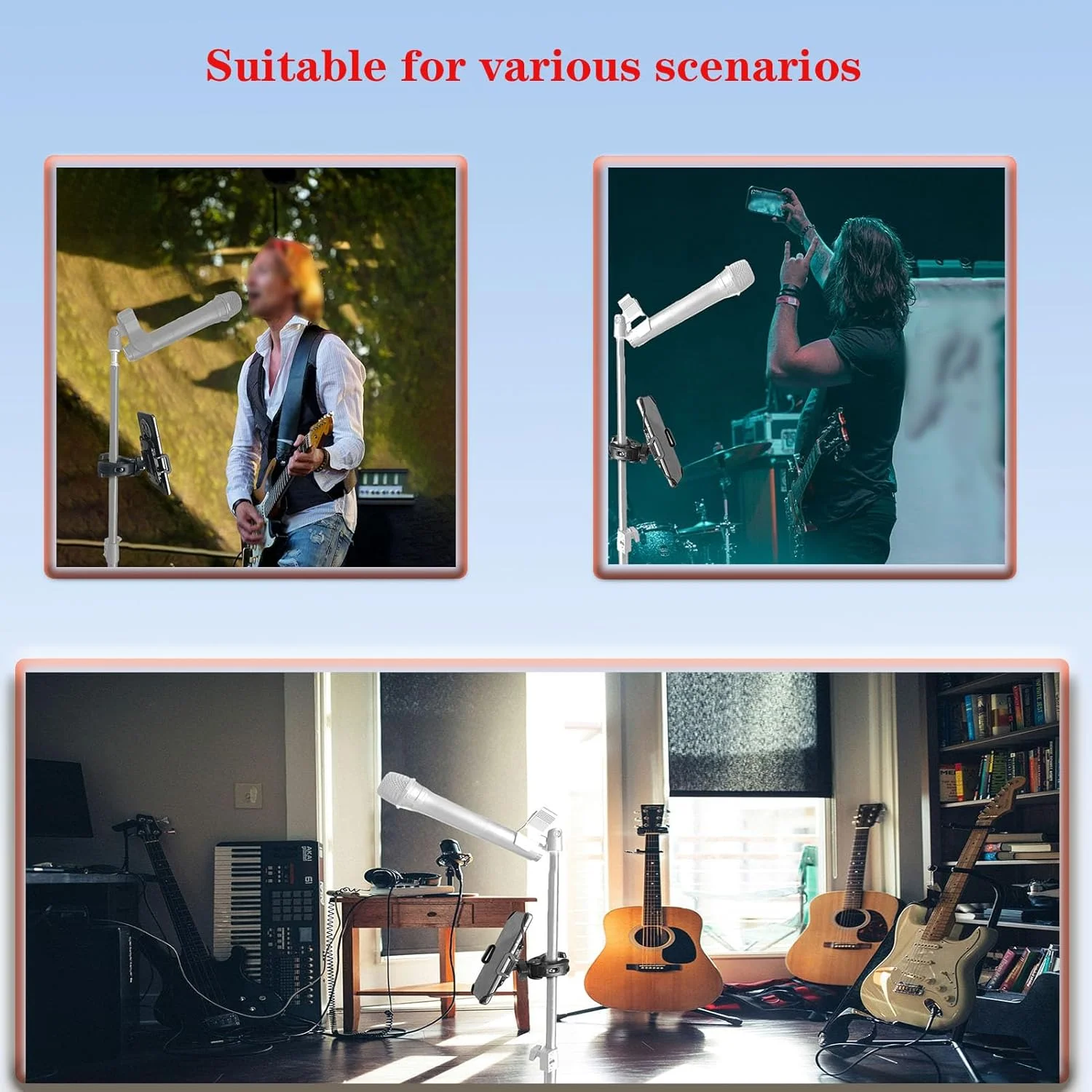 نگهدارنده تلفن همراه با گیره، پایه میکروفون، نگهدارنده جهانی تلفن همراه برای پایه درام موسیقی، دوچرخه، گلف کارت، قایق، سبد خرید، سازگار با آیفون و گوشی های هوشمند گلکسی