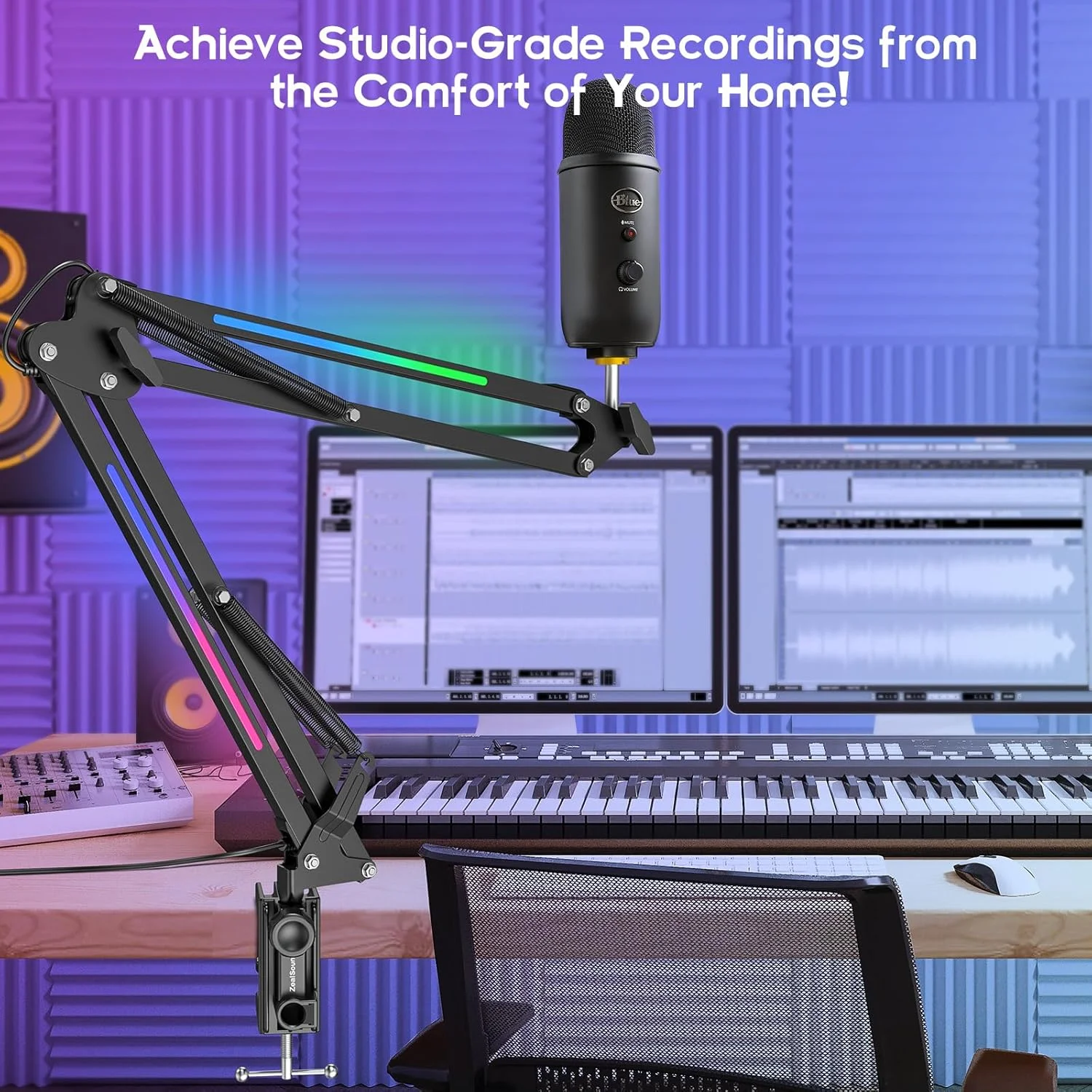 پایه بازویی میکروفون ZealSound RGB، پایه میکروفون با نور RGB برای QuadCast/Blue Yeti/Snowball/Shure SM7B/Rode NT1/Elgato، پایه قیچی بوم چرخشی برای استریمینگ بازی، پادکست و یوتیوب