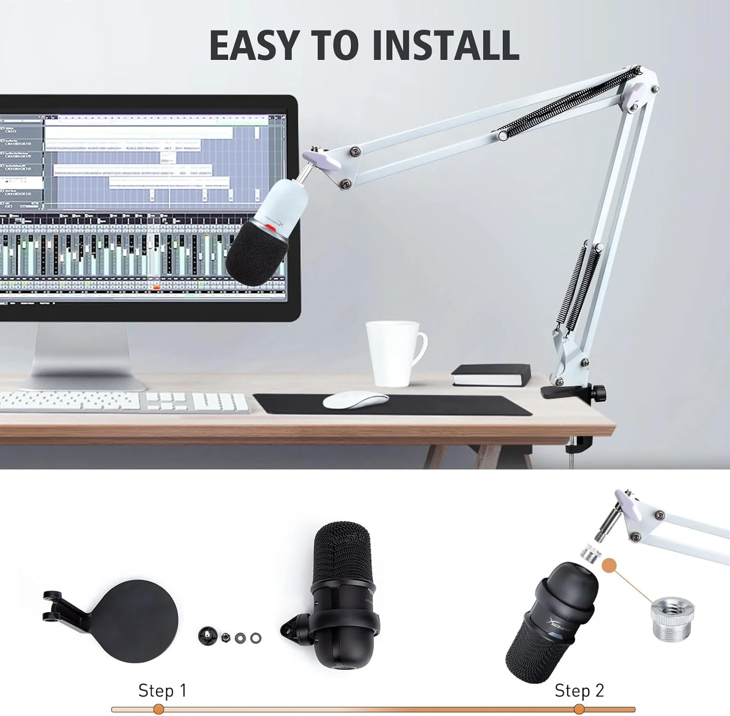 بازوی بوم سفید SUNMON Hyperx SoloCast - بازوی بوم میکروفون سفید سازگار با Hyperx SoloCast، پایه بازوی میکروفون با روکش میکروفون، بهبود کیفیت صدا، بازوی بوم میکروفون برای Hyperx SoloCast