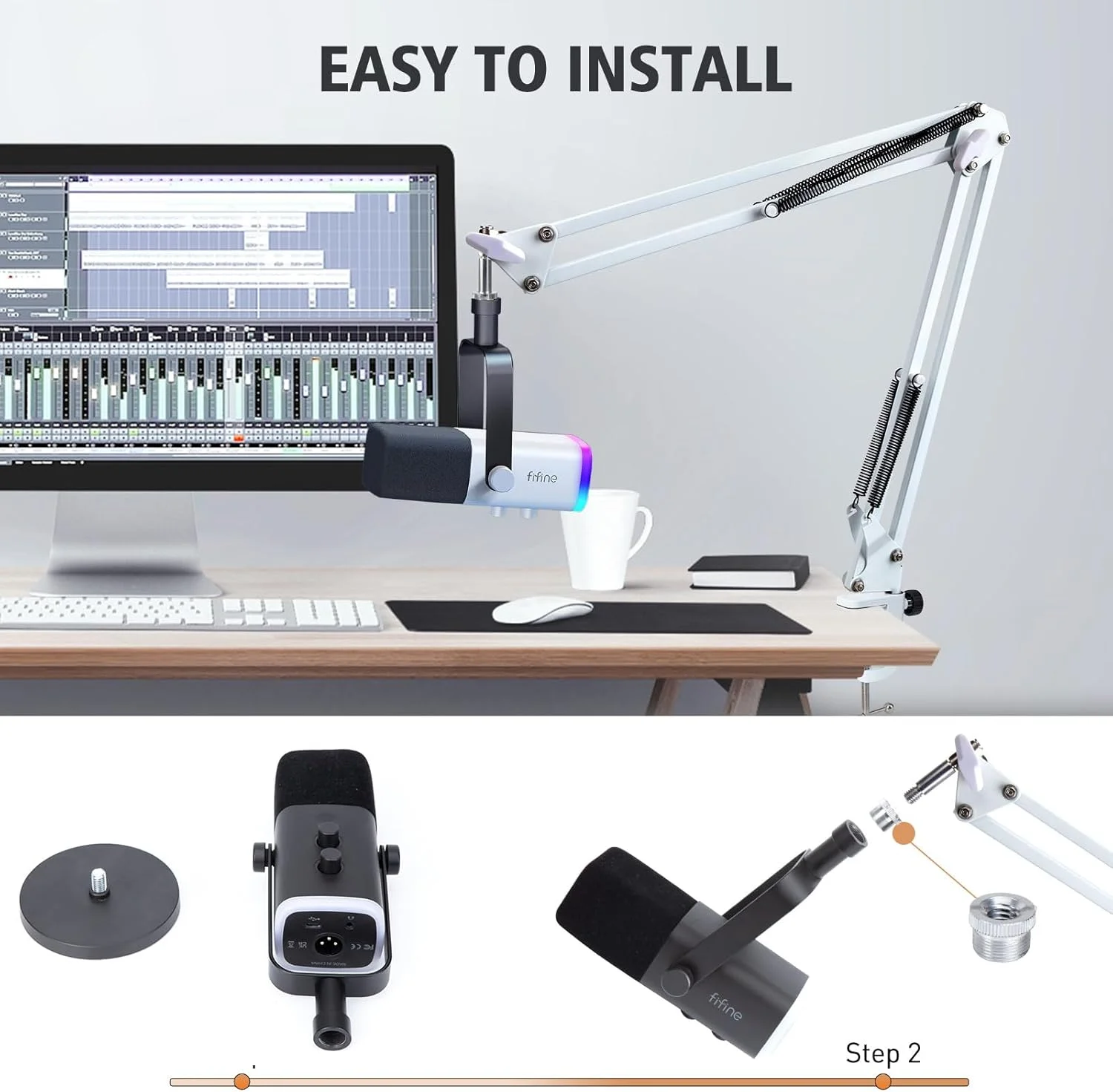 بازوی بوم سفید SUNMON برای Fifine AM8 - سازگار با میکروفون Fifine، گیره آداپتور پیچ 3/8 اینچ به 5/8 اینچ، شامل گیره رومیزی