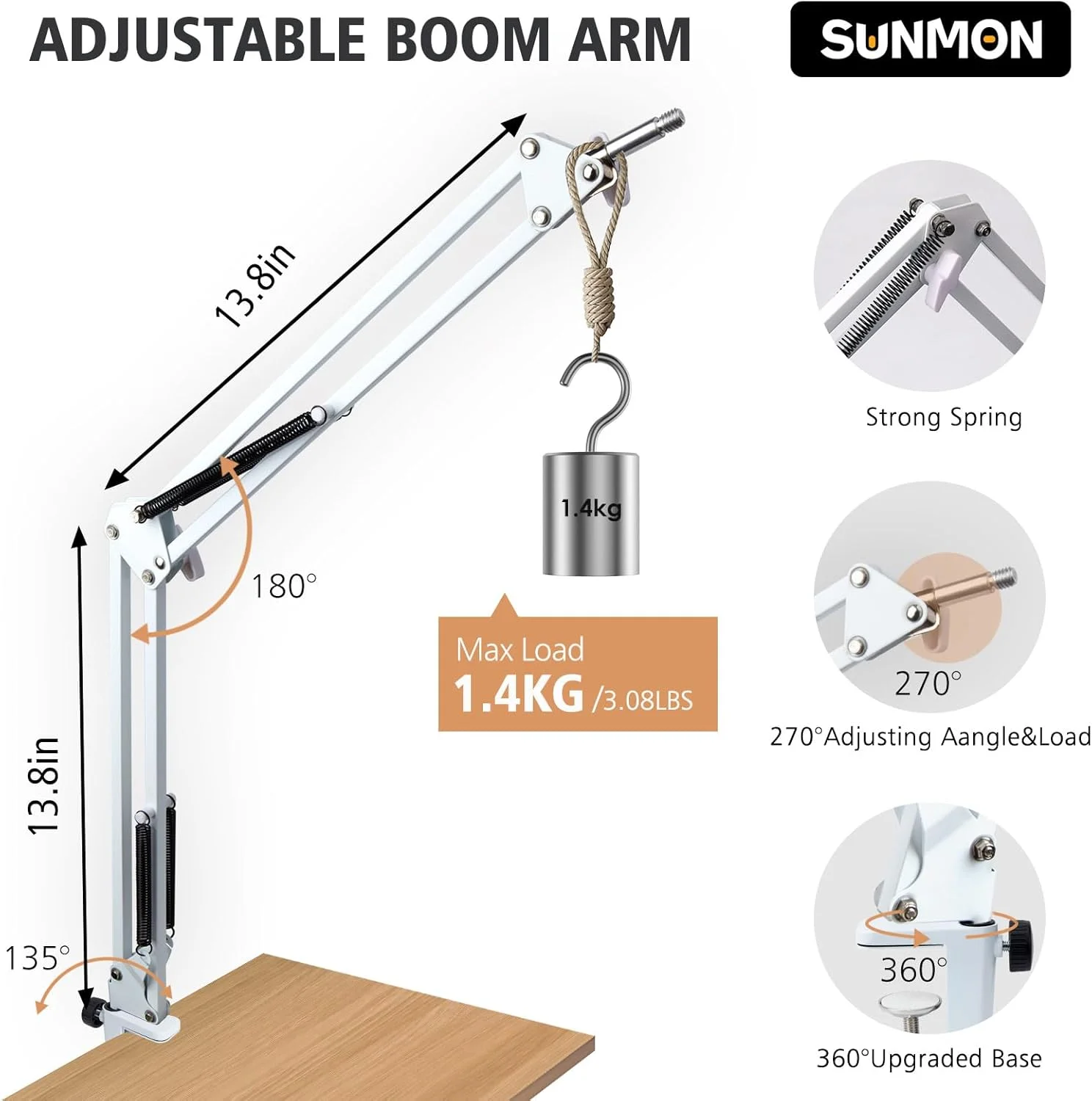 بازوی بوم سفید SUNMON برای Fifine AM8 - سازگار با میکروفون Fifine، گیره آداپتور پیچ 3/8 اینچ به 5/8 اینچ، شامل گیره رومیزی