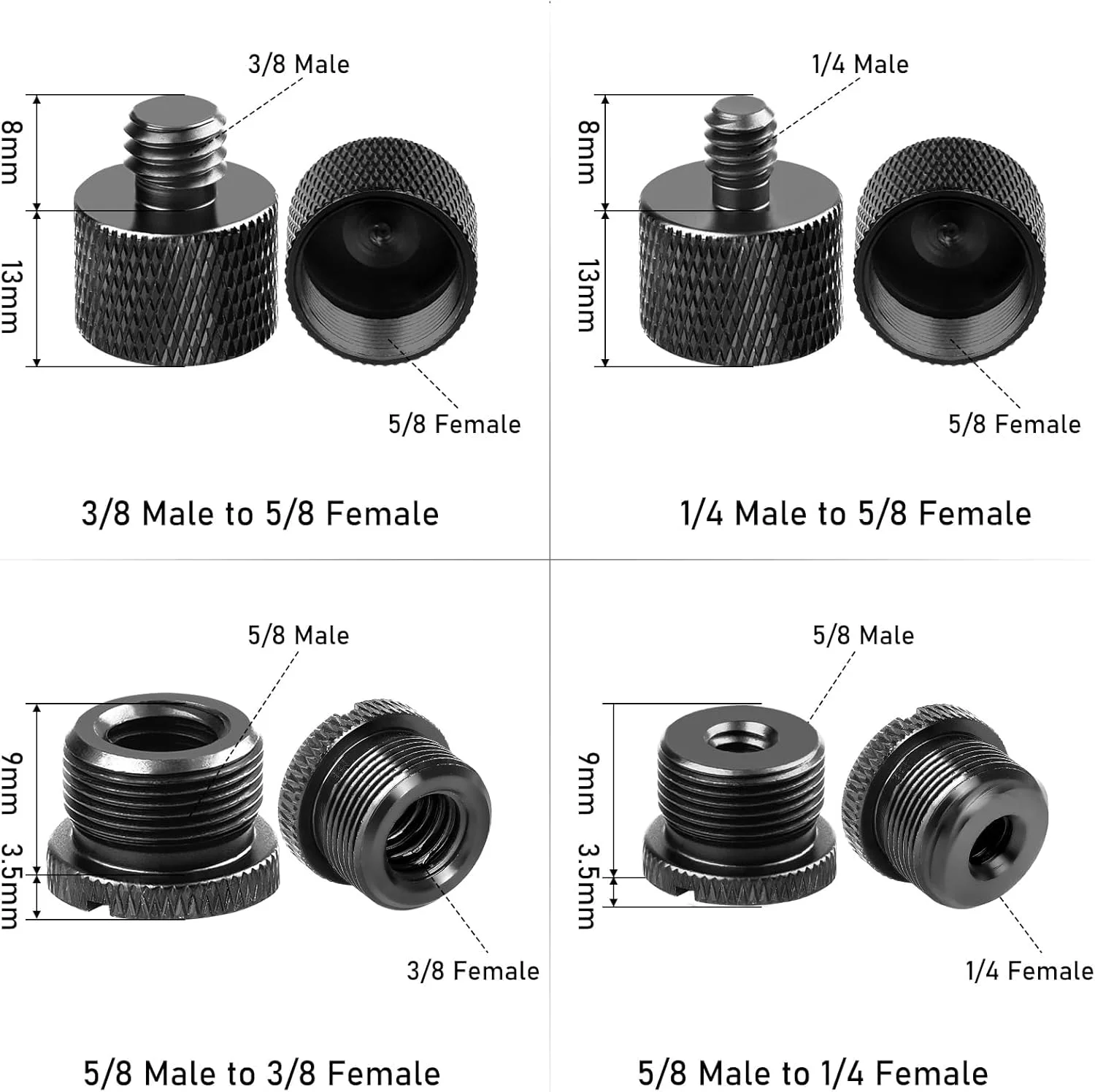 مجموعه آداپتور پایه میکروفون TERRIFI، 8 عدد آداپتور رزوه ای - 5/8 اینچ مادگی به 3/8 اینچ نری، 3/8 اینچ مادگی به 5/8 اینچ نری، 5/8 اینچ مادگی به 1/4 اینچ نری، 1/4 اینچ مادگی به 5/8 اینچ نری، برای پایه میکروفون و بازوی بوم