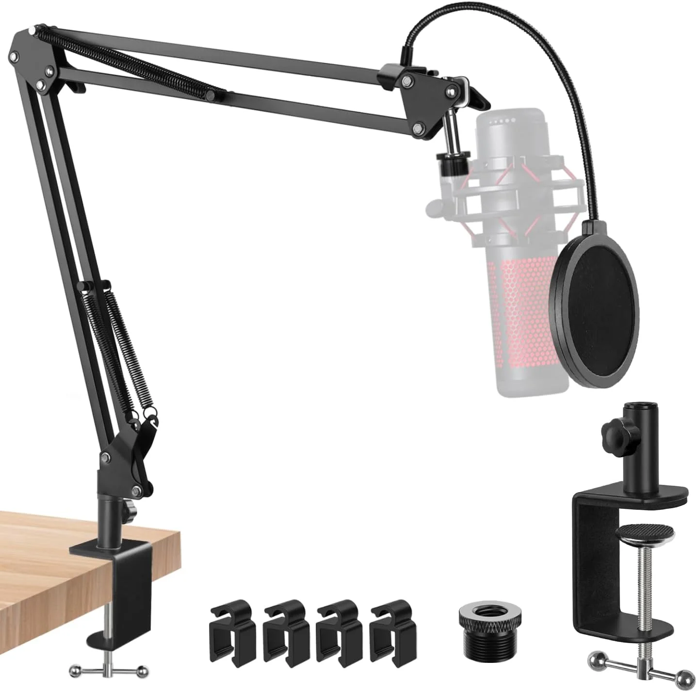 پایه بازویی میکروفون با فیلتر پاپ، پایه بازویی میکروفون قابل تنظیم با گیره رومیزی ارتقا یافته برای HyperX QuadCast، میکروفون USB کاندنسر QuadCast S-RGB