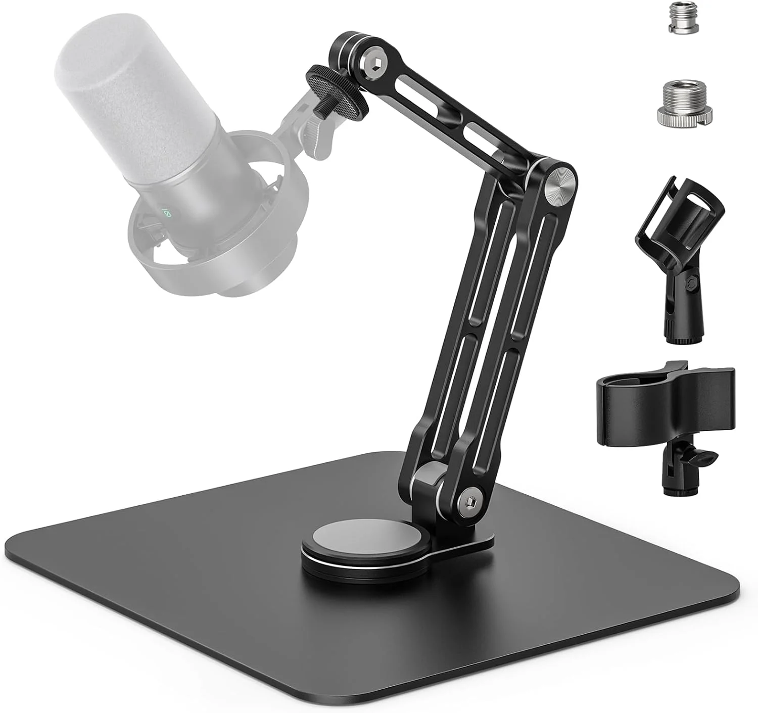 پایه میکروفون رومیزی با قابلیت چرخش 360 درجه، حداکثر تحمل وزن 2 کیلوگرم، پایه میکروفون رومیزی قابل تنظیم با پیچ های 1/4، 3/8 و 5/8 اینچ و 2 گیره میکروفون، مناسب برای ضبط، پادکست، استریم و استودیو