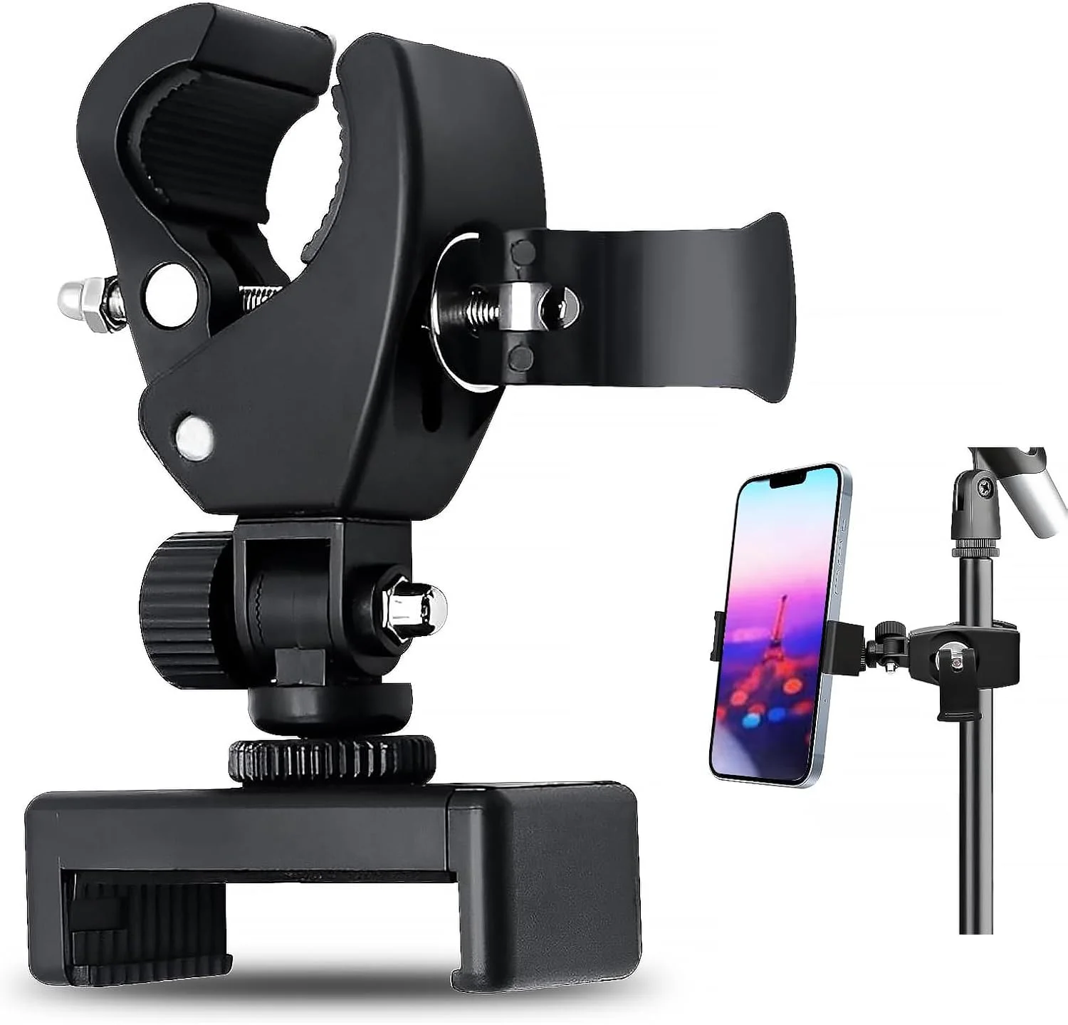 نگهدارنده تلفن برای پایه میکروفون با قابلیت چرخش 360 درجه و گیره قابل تنظیم، مناسب برای پخش زنده، ضبط ویدیو و استفاده در فضای باز، سازگار با اکثر تلفن ها و سه پایه ها