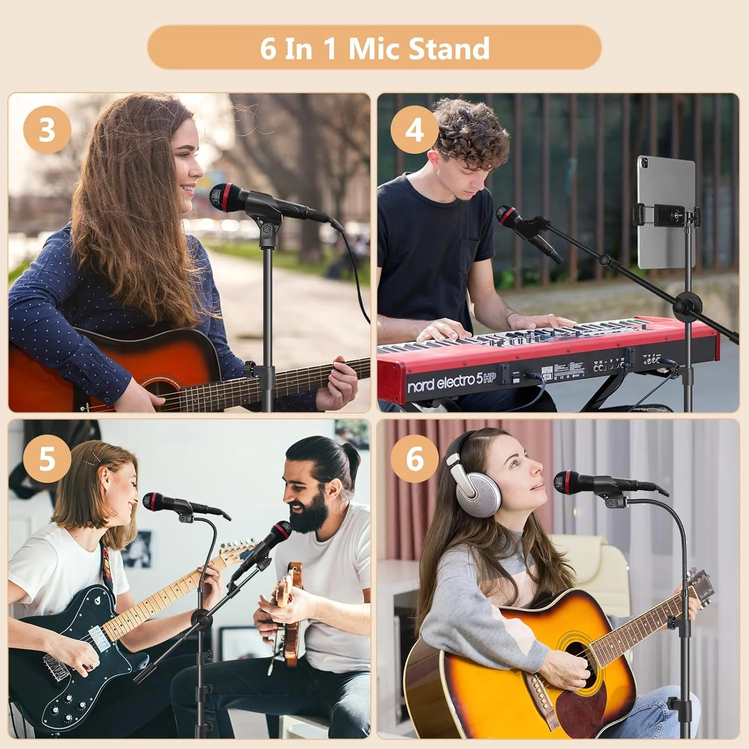 پایه میکروفون رمزی 6 در 1 با بازوی بوم، گردن غازی، گیره های میکروفون، نگهدارنده تبلت و تلفن، و کیف پایه - پشتیبانی از هر ترکیبی