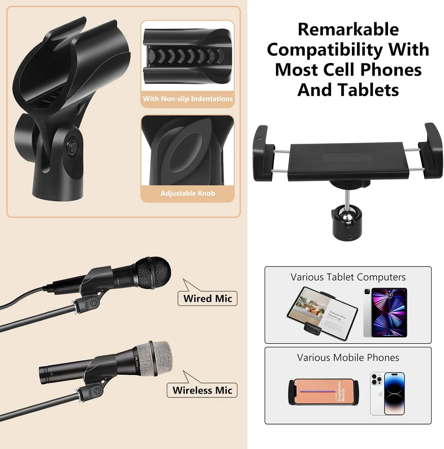 پایه میکروفون رمزی 6 در 1 با بازوی بوم، گردن غازی، گیره های میکروفون، نگهدارنده تبلت و تلفن، و کیف پایه - پشتیبانی از هر ترکیبی