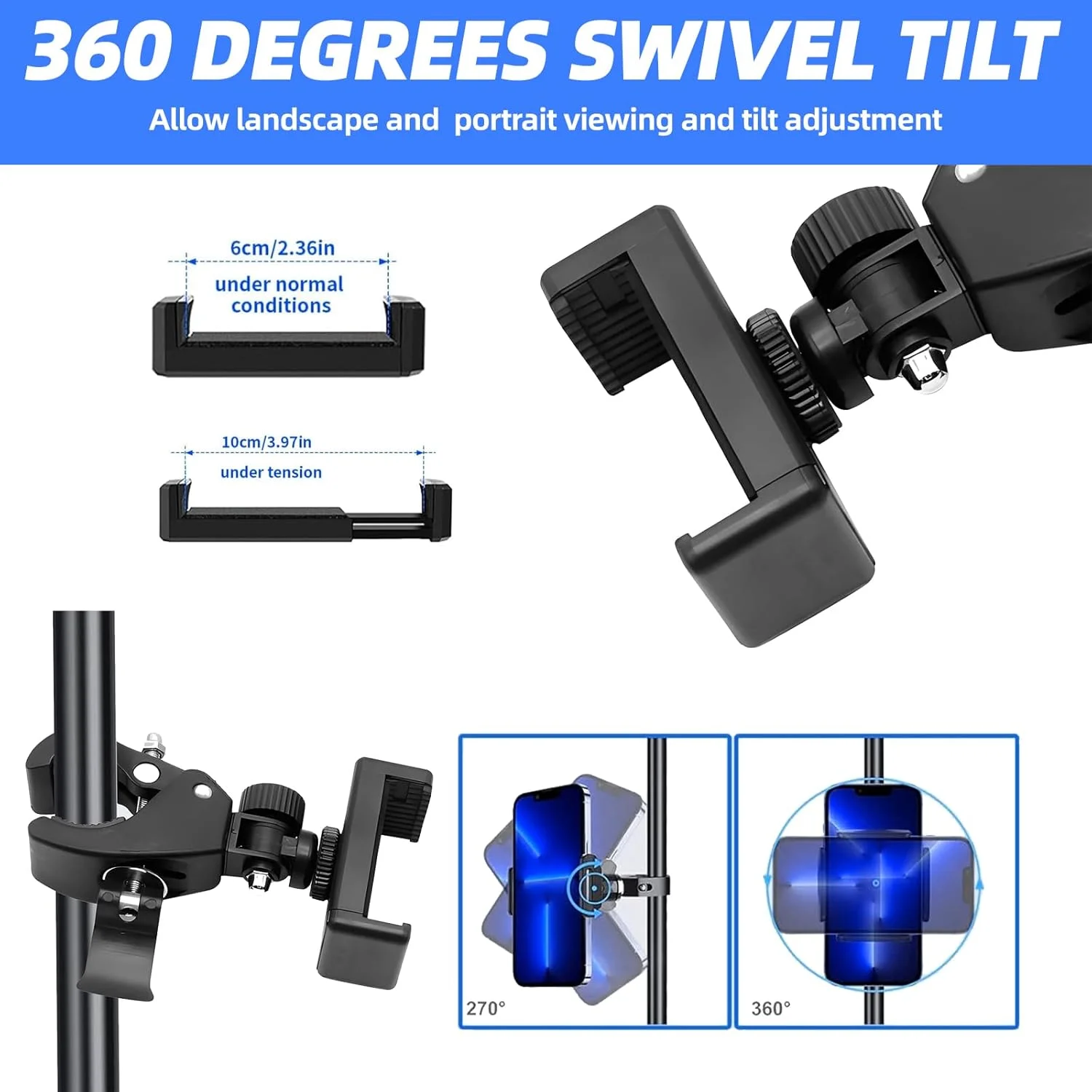نگهدارنده تلفن برای پایه میکروفون با قابلیت چرخش 360 درجه و گیره قابل تنظیم، مناسب برای پخش زنده، ضبط ویدیو و استفاده در فضای باز، سازگار با اکثر تلفن ها و سه پایه ها