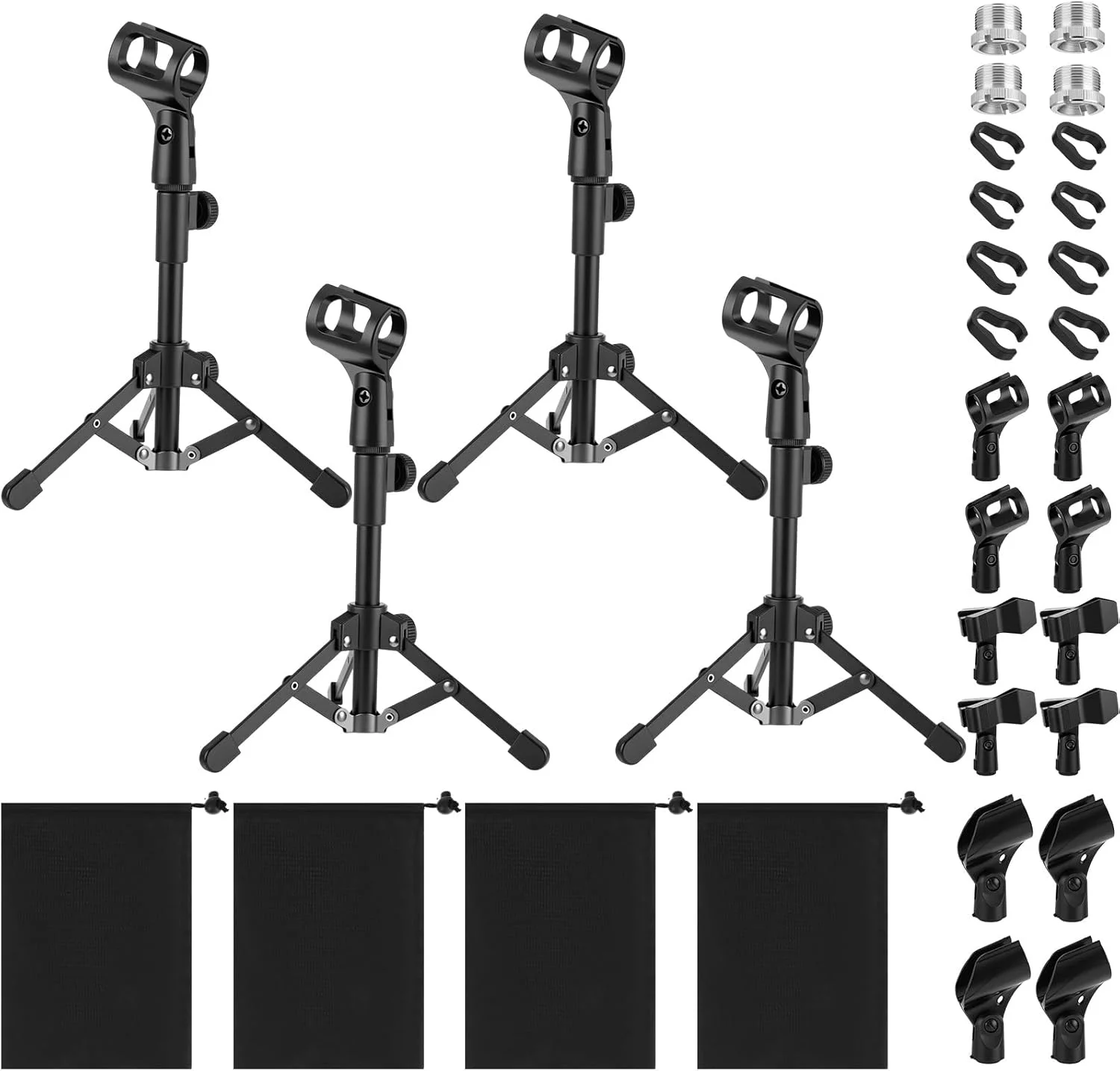 ست ۴ عددی پایه میکروفون رومیزی تاشو قابل حمل با قابلیت تنظیم ارتفاع، سه پایه میکروفون به همراه گیره میکروفون، کیف نگهداری و پیچ تبدیل مادگی 3/8 اینچ به نری 5/8 اینچ (کلاسیک، 25-40 سانتی متر)