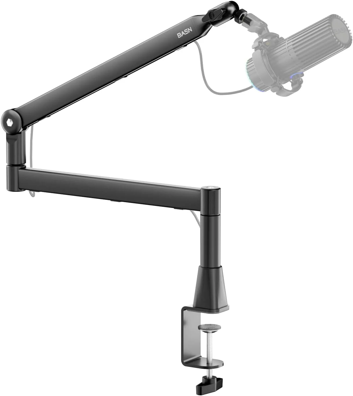 بازوی میکروفون کم حجم BASN با گیره رومیزی - طراحی چرخشی و قابل نگهداری، کانال مدیریت کابل، آداپتور رزوه 3/8 اینچ به 5/8 اینچ برای پادکست، بازی، استریم، ضبط صدا