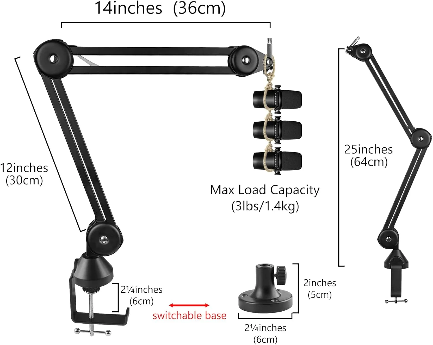 بازوی میکروفون حرفه ای Geekria for Creators سازگار با Shure MV88+، SM7B، MV7، SM58، SM57، پایه میکروفون معلق، نگهدارنده قابل تنظیم رومیزی برای ضبط استودیویی، طول 25 اینچ