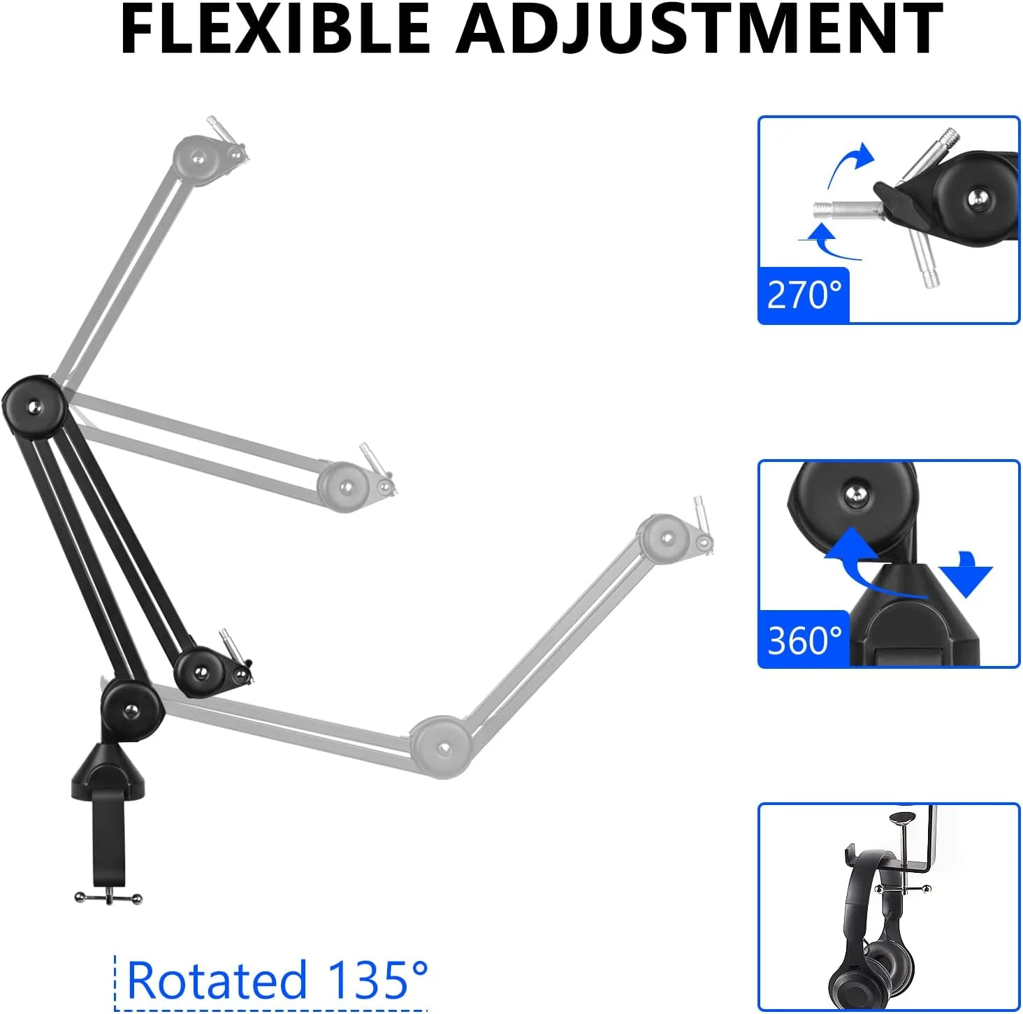 بازوی میکروفون حرفه ای Geekria for Creators سازگار با Shure MV88+، SM7B، MV7، SM58، SM57، پایه میکروفون معلق، نگهدارنده قابل تنظیم رومیزی برای ضبط استودیویی، طول 25 اینچ