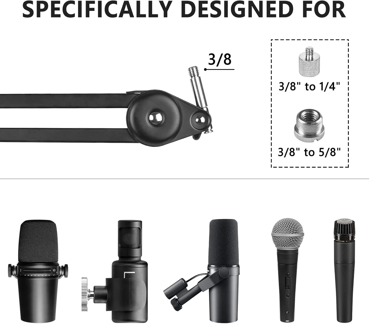 بازوی میکروفون حرفه ای Geekria for Creators سازگار با Shure MV88+، SM7B، MV7، SM58، SM57، پایه میکروفون معلق، نگهدارنده قابل تنظیم رومیزی برای ضبط استودیویی، طول 25 اینچ