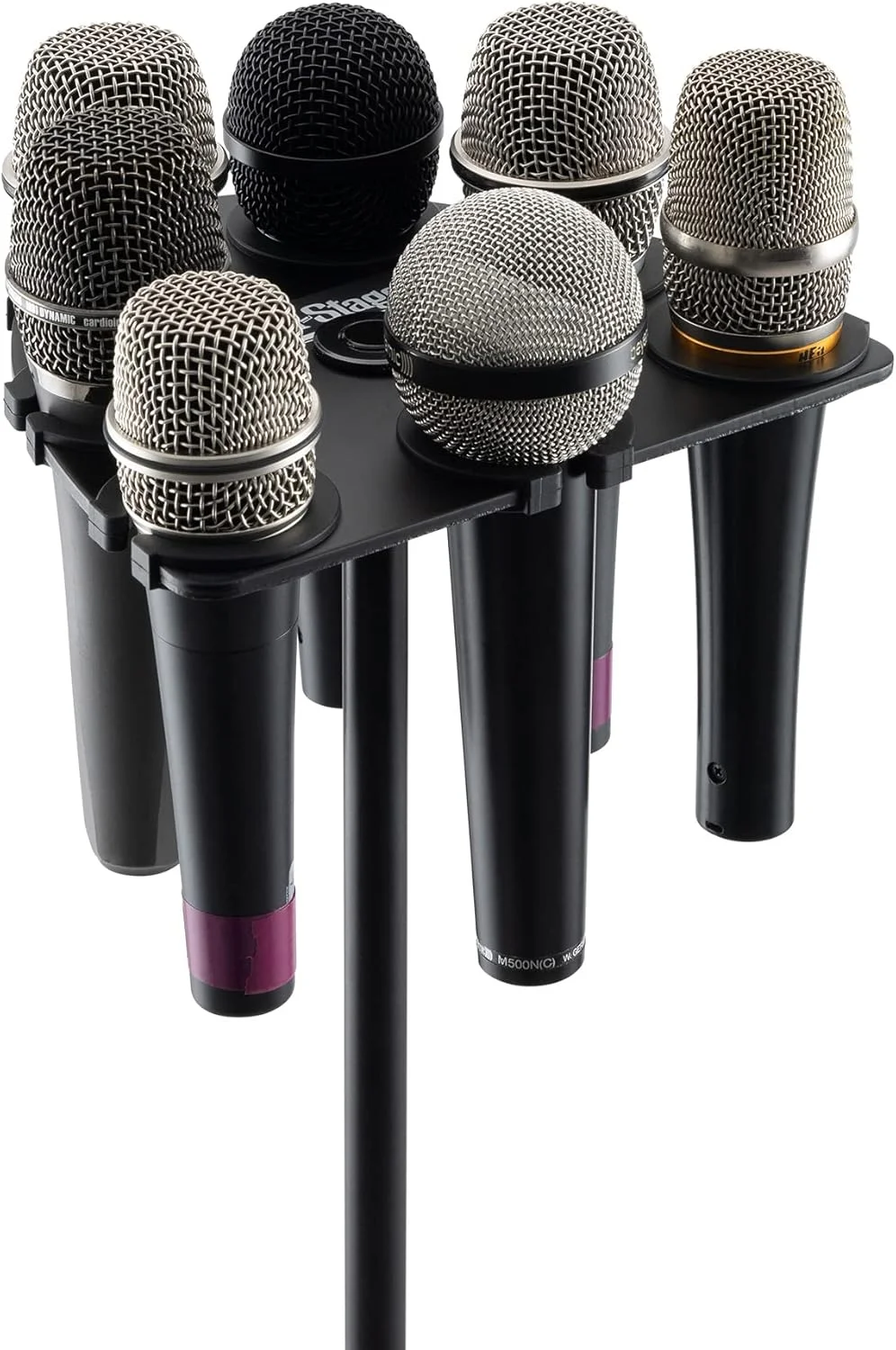 نگهدارنده چندگانه میکروفون OnStage MSA2700 (سازمان دهنده و نمایشگر میکروفون برای میکروفون های دستی، دینامیک، سیمی و بی سیم، پد سیلیکونی، قابل نصب بر روی پایه های رزوه ای 5/8 اینچ -27 یا 3/8 اینچ -16، آلومینیومی، مشکی)