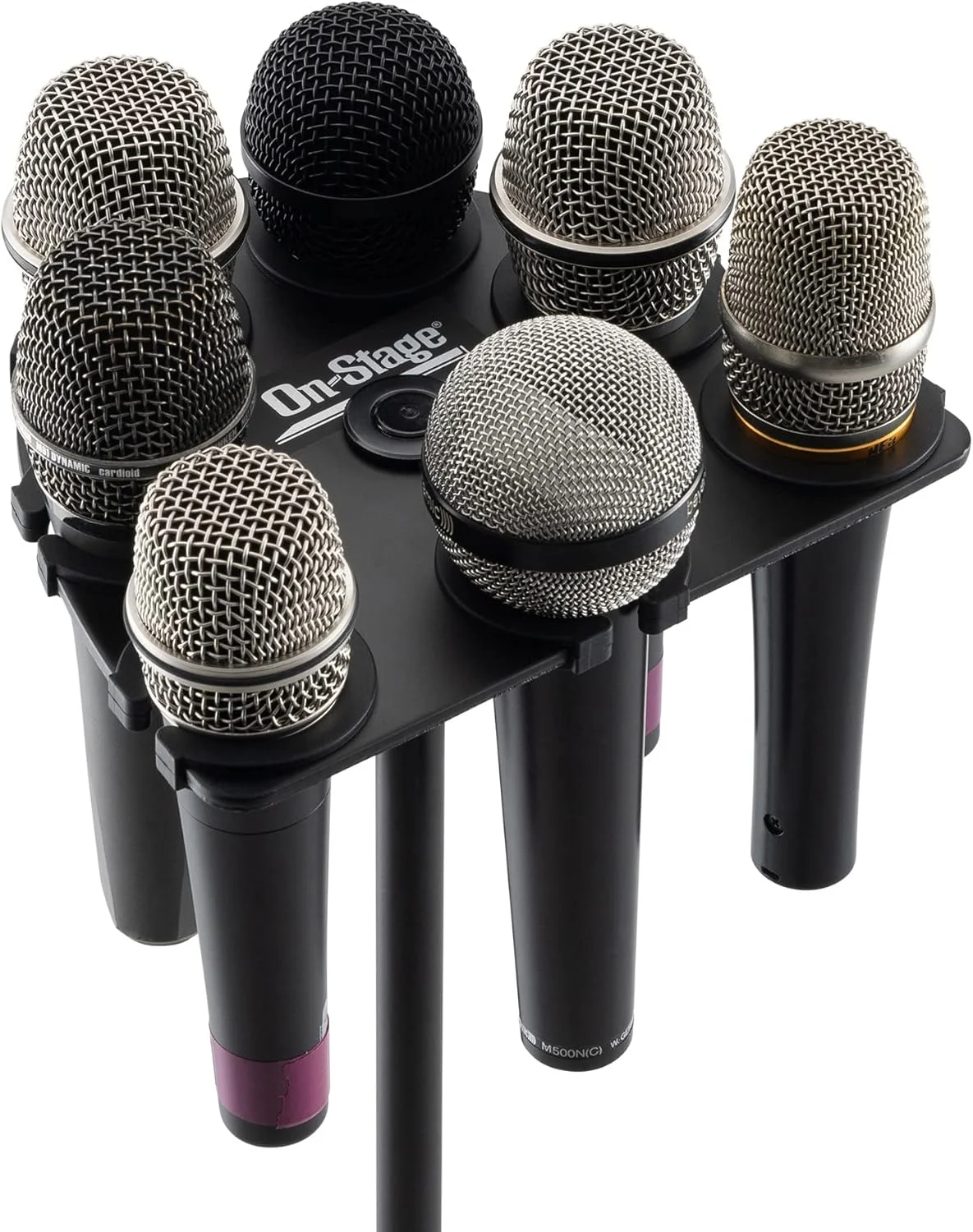 نگهدارنده چندگانه میکروفون OnStage MSA2700 (سازمان دهنده و نمایشگر میکروفون برای میکروفون های دستی، دینامیک، سیمی و بی سیم، پد سیلیکونی، قابل نصب بر روی پایه های رزوه ای 5/8 اینچ -27 یا 3/8 اینچ -16، آلومینیومی، مشکی)