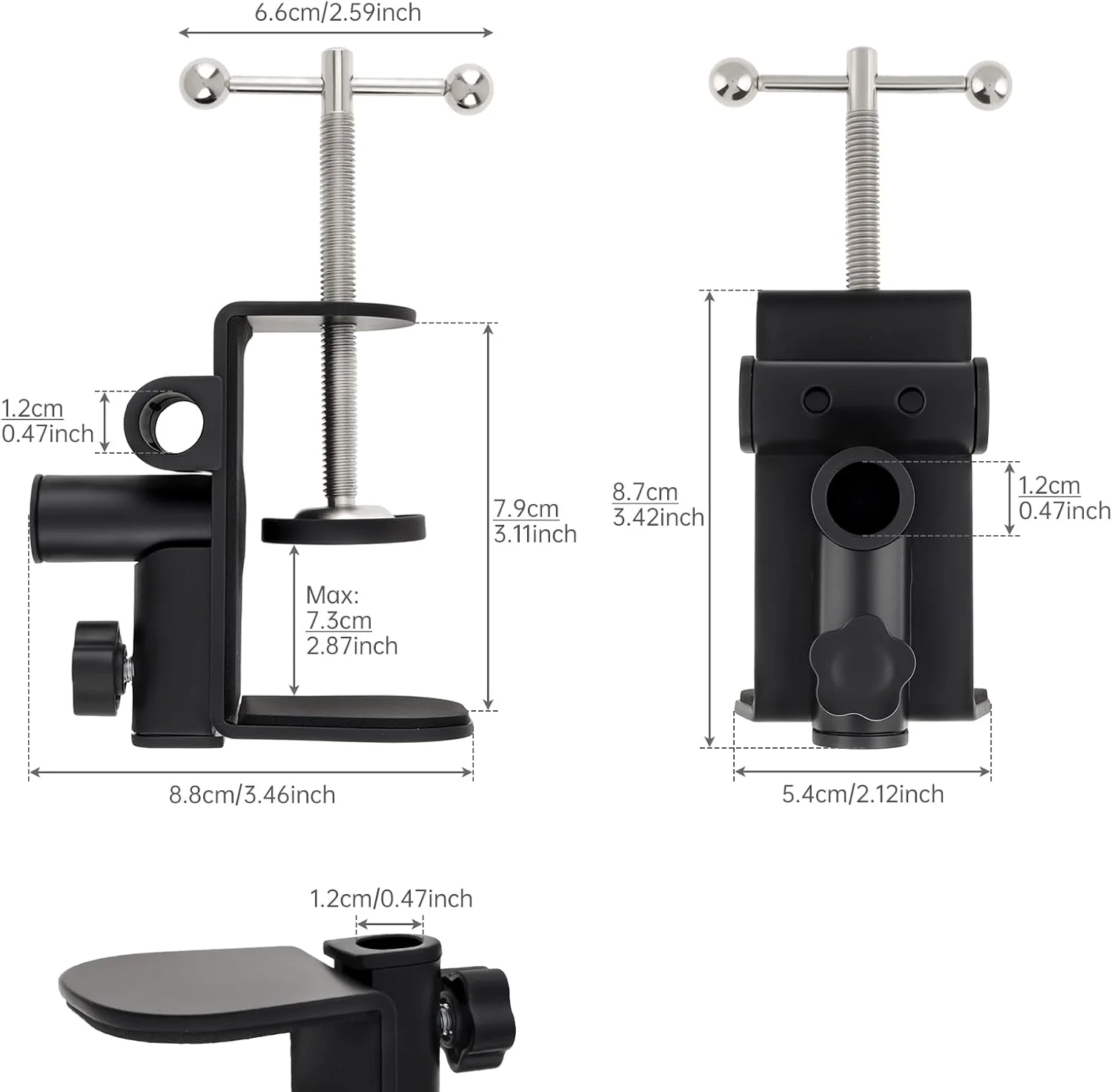 گیره رومیزی OriGlam، نگهدارنده فلزی گیره میزی میکروفون، گیره C شکل 3 در 1 برای نگهدارنده پایه بازوی بوم میکروفون، سوراخ 1.2 سانتی متری، مناسب برای ضخامت میز تا 7 سانتی متر