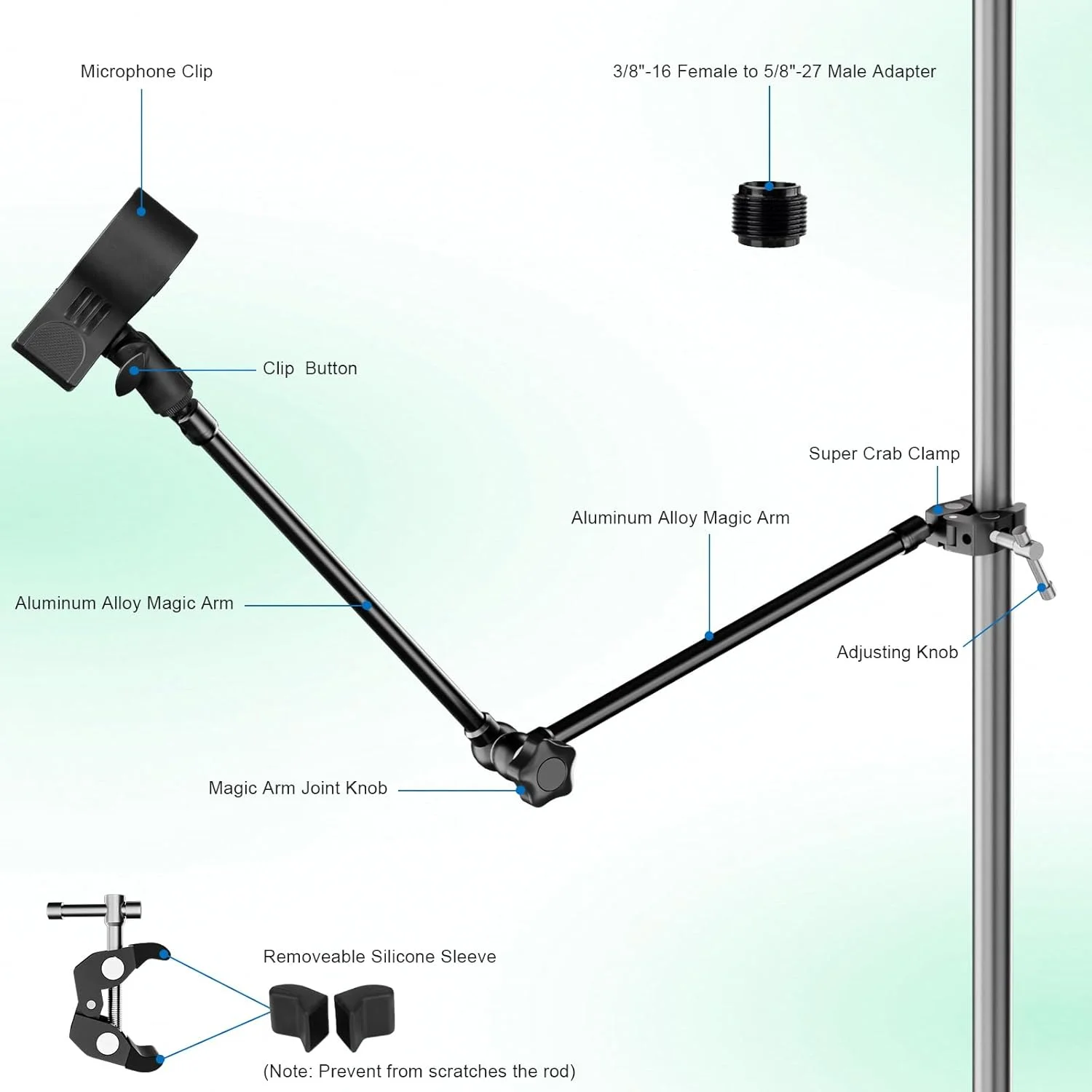 پایه نگهدارنده میکروفون، بازوی جادویی انعطاف پذیر و قابل تنظیم 21.5 اینچی با گیره خرچنگی و آداپتور 3/8 اینچ - 16 به 5/8 اینچ - 27، سازگار با Shure/Fifine/AT2020/Pyle/Blue Snowball/Razer