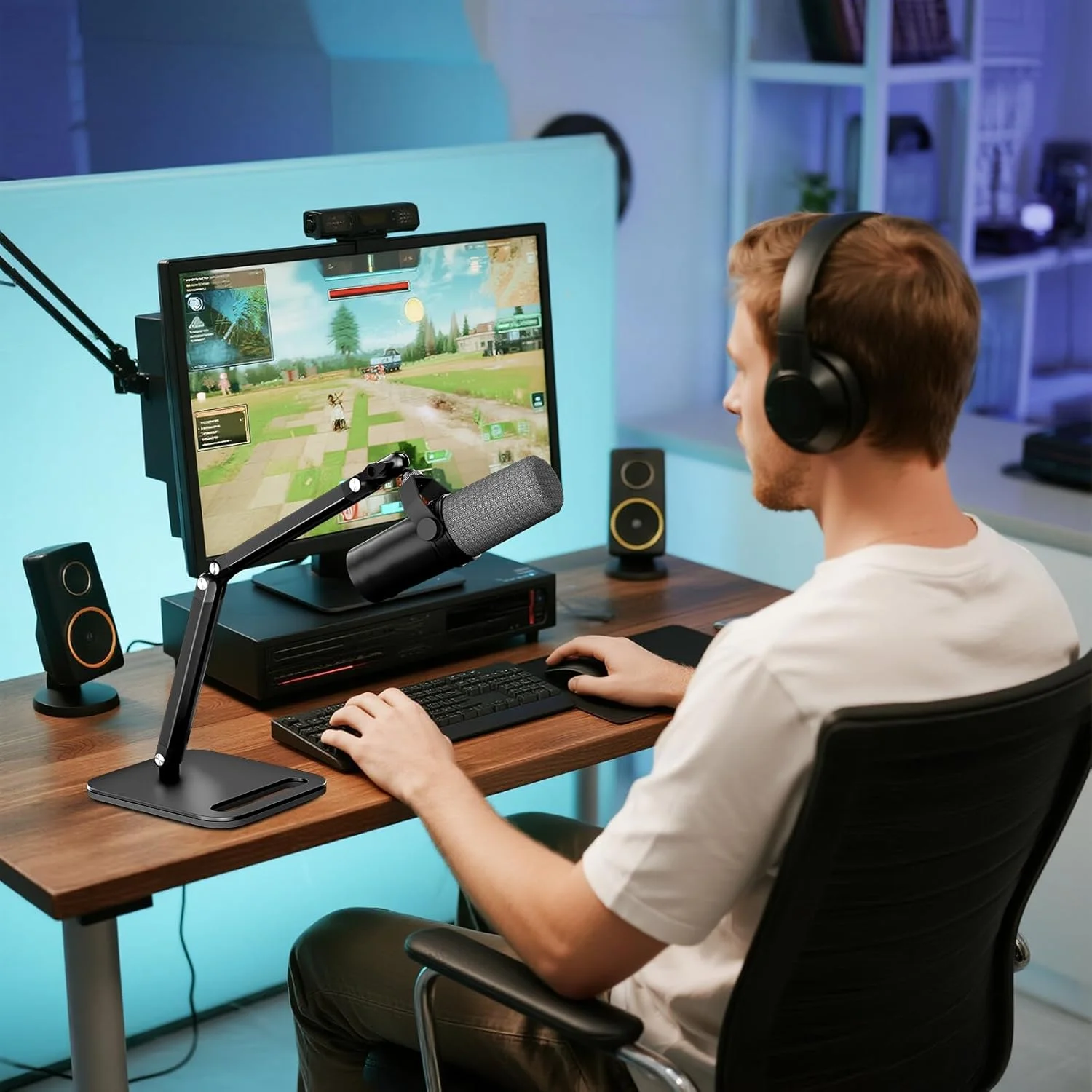 پایه میکروفون استودیویی، بازوی میکروفون قابل تنظیم با گیره رومیزی، آداپتورهای پیچی 1/4 و 5/8 اینچ، سازگار با Fifine/Shure/Pyle / AT2020 / Razor/Rode/Blue Yeti & Snowball/دوربین وب کم