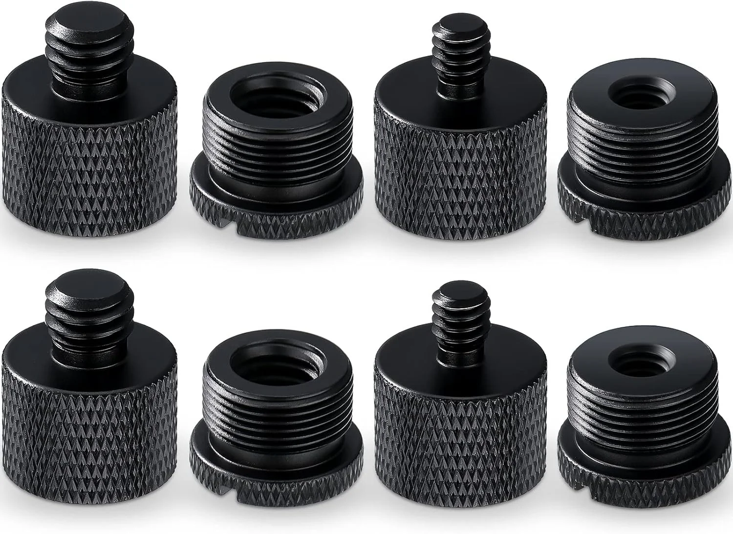 مجموعه 8 عددی تبدیل پیچ پایه میکروفون Moxweyeni شامل تبدیل 5/8 اینچ مادگی به 3/8 اینچ نری، 3/8 اینچ مادگی به 5/8 اینچ نری، 5/8 اینچ مادگی به 1/4 اینچ نری و 1/4 اینچ مادگی به 5/8 اینچ نری، مناسب برای میکروفون (مشکی)