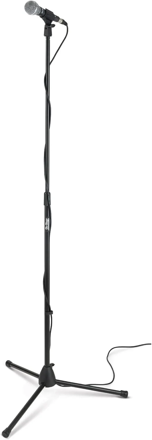 پایه میکروفون سه پایه On-Stage MS7700B (مناسب برای میکروفون های وکال و ساز، ارتفاع قابل تنظیم، رزوه 5/8 اینچ - 27، قابل حمل، تاشو، پایه های لاستیکی ضد لغزش، گیره کابل، فولادی، مشکی)