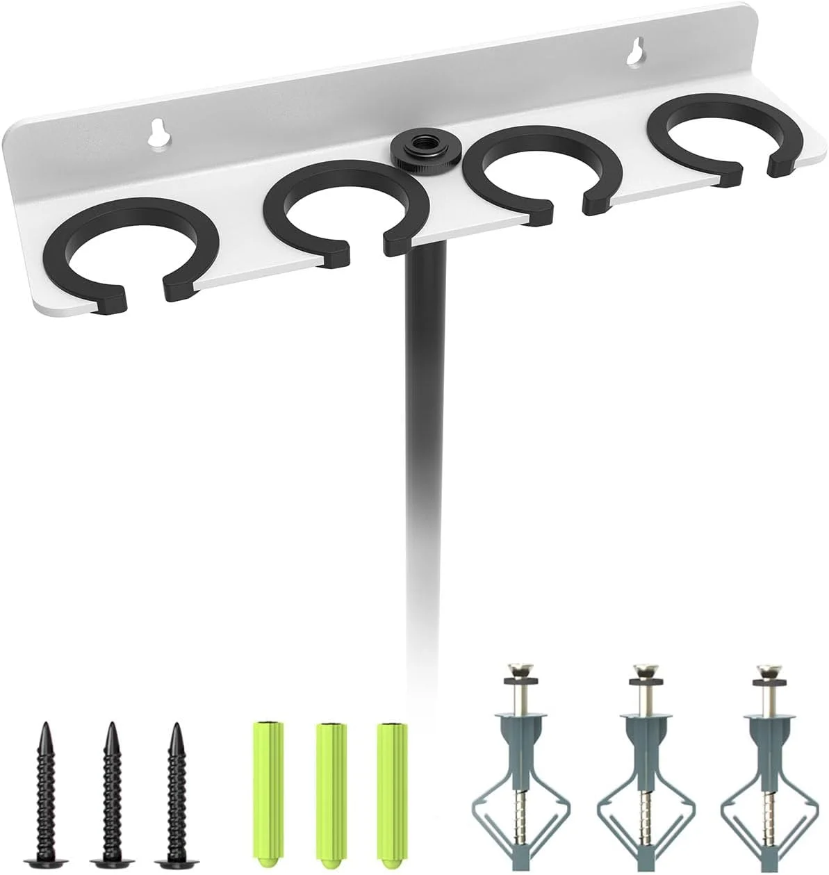 نگهدارنده چندگانه میکروفون 4 اسلات سفید برای میکروفون های سیمی و بی سیم، نگهداری تا 4 میکروفون، سازمان دهنده و نگهدارنده چندگانه میکروفون برای پایه میکروفون، پد لاستیکی / قابل نصب روی دیوار یا نصب روی پایه 5/8 اینچ -27 یا 3/8 اینچ -16