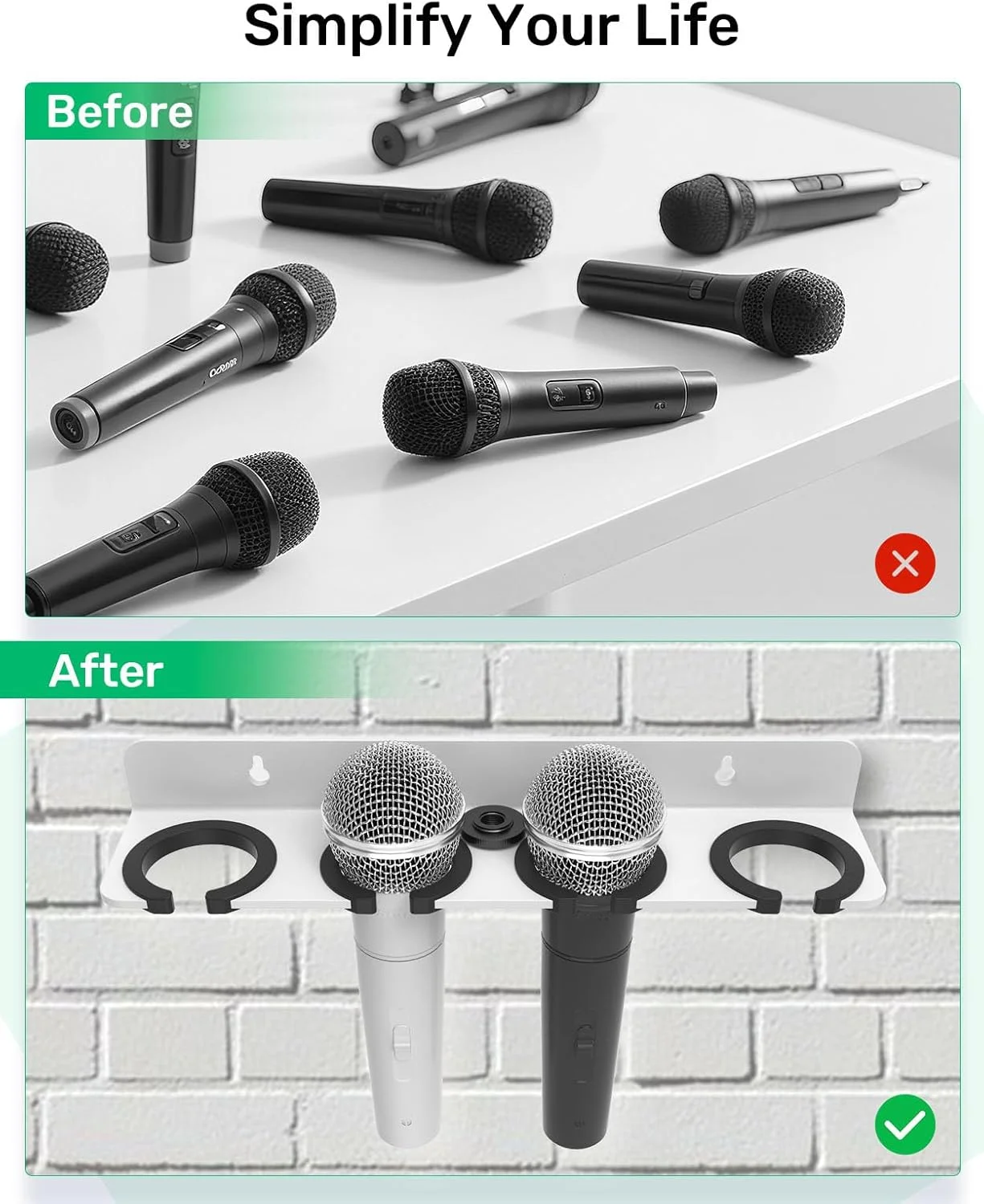 نگهدارنده چندگانه میکروفون 4 اسلات سفید برای میکروفون های سیمی و بی سیم، نگهداری تا 4 میکروفون، سازمان دهنده و نگهدارنده چندگانه میکروفون برای پایه میکروفون، پد لاستیکی / قابل نصب روی دیوار یا نصب روی پایه 5/8 اینچ -27 یا 3/8 اینچ -16