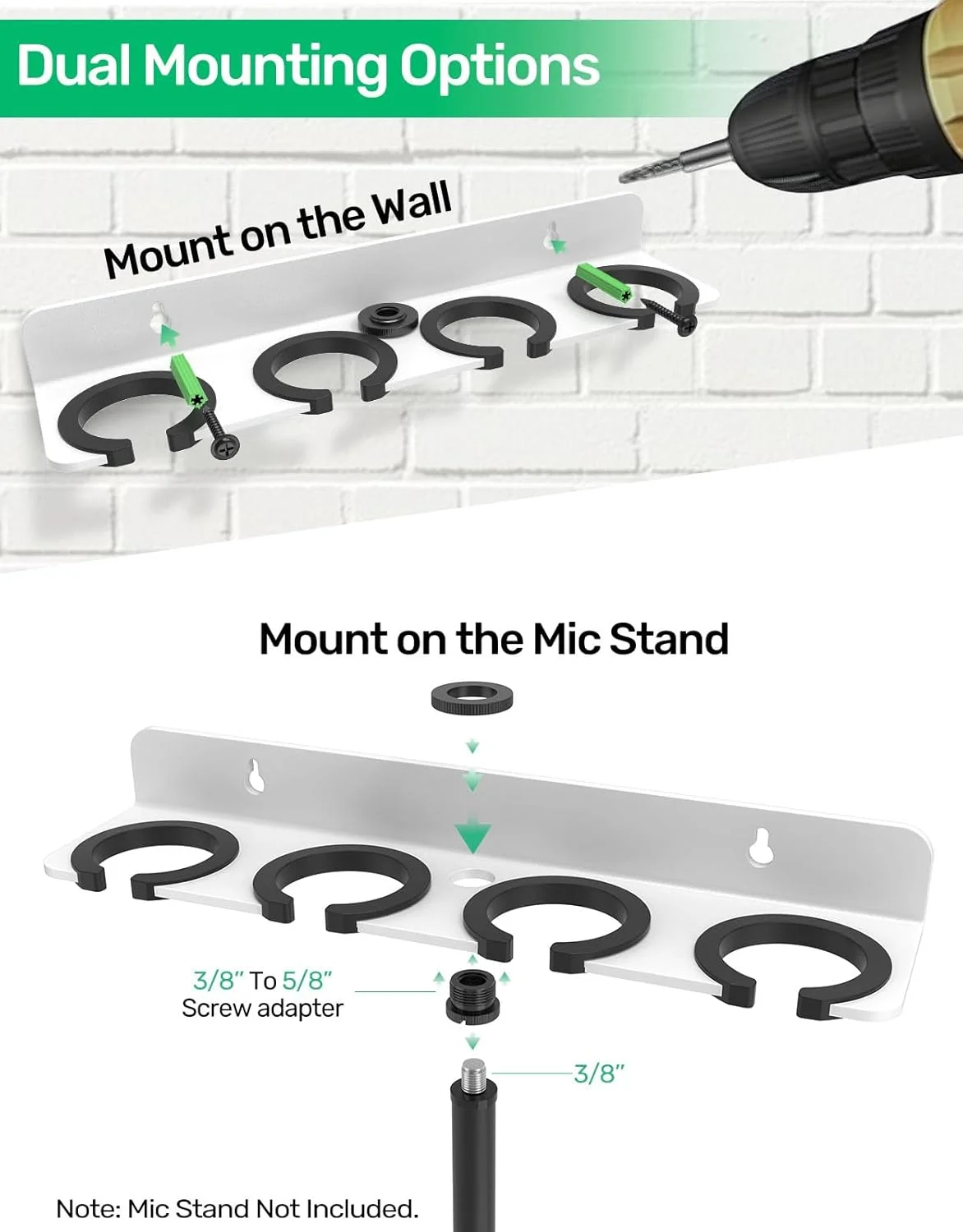 نگهدارنده چندگانه میکروفون 4 اسلات سفید برای میکروفون های سیمی و بی سیم، نگهداری تا 4 میکروفون، سازمان دهنده و نگهدارنده چندگانه میکروفون برای پایه میکروفون، پد لاستیکی / قابل نصب روی دیوار یا نصب روی پایه 5/8 اینچ -27 یا 3/8 اینچ -16
