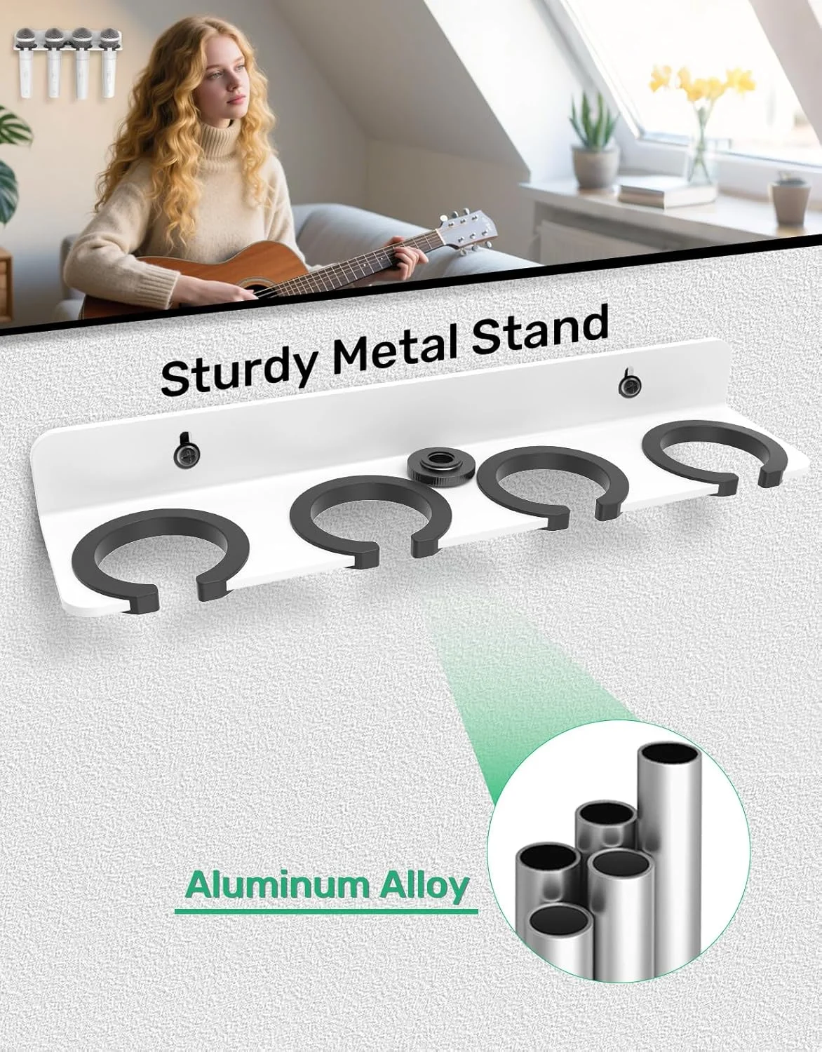 نگهدارنده چندگانه میکروفون 4 اسلات سفید برای میکروفون های سیمی و بی سیم، نگهداری تا 4 میکروفون، سازمان دهنده و نگهدارنده چندگانه میکروفون برای پایه میکروفون، پد لاستیکی / قابل نصب روی دیوار یا نصب روی پایه 5/8 اینچ -27 یا 3/8 اینچ -16