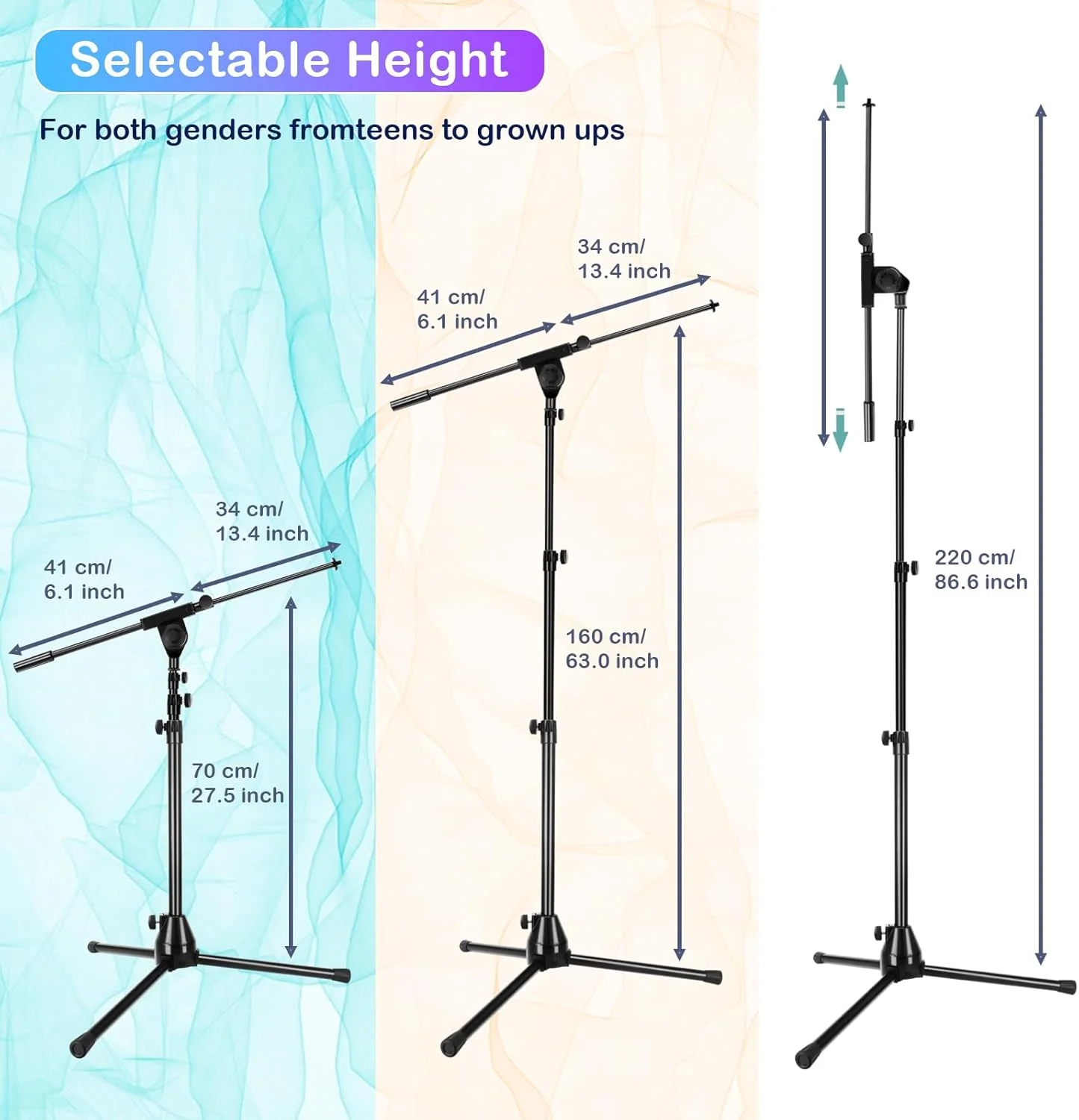 پایه میکروفون ایستاده تاشو، پایه میکروفون سه پایه سنگین با بازوی بوم، دارای 2 عدد آداپتور پیچ، 2 عدد گیره میکروفون، 2 عدد روکش فوم و کیف حمل برای آواز خواندن کارائوکه استیج مدل HLS02