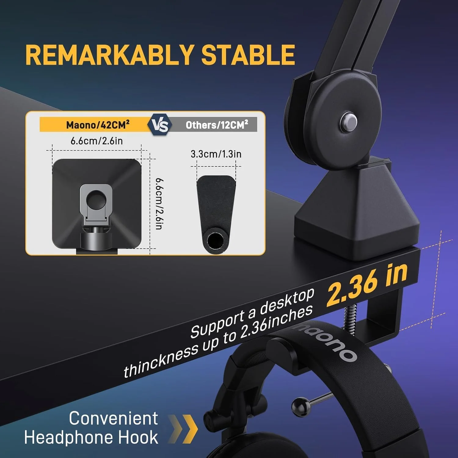 بازوی بوم میکروفون MAONO: پایه میکروفون فلزی سنگین و قابل تنظیم با گیره رومیزی ارتقا یافته و آداپتور پیچ 3/8 اینچ به 5/8 اینچ برای پادکست، ضبط، استریمینگ و گیمینگ - BA37
