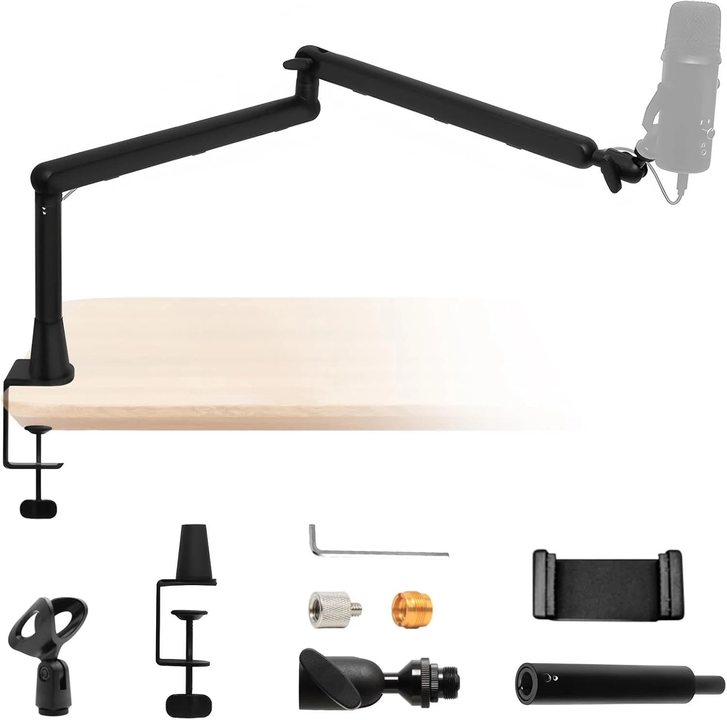 بازوی میکروفون با میله افزایش طول اضافی، چرخش 360 درجه، بازوی میکروفون رومیزی تاشو با آداپتور پیچ 1/4، 3/8، 5/8 اینچ، بازوی میکروفون برای پادکست، استیج یا استودیوی خانگی