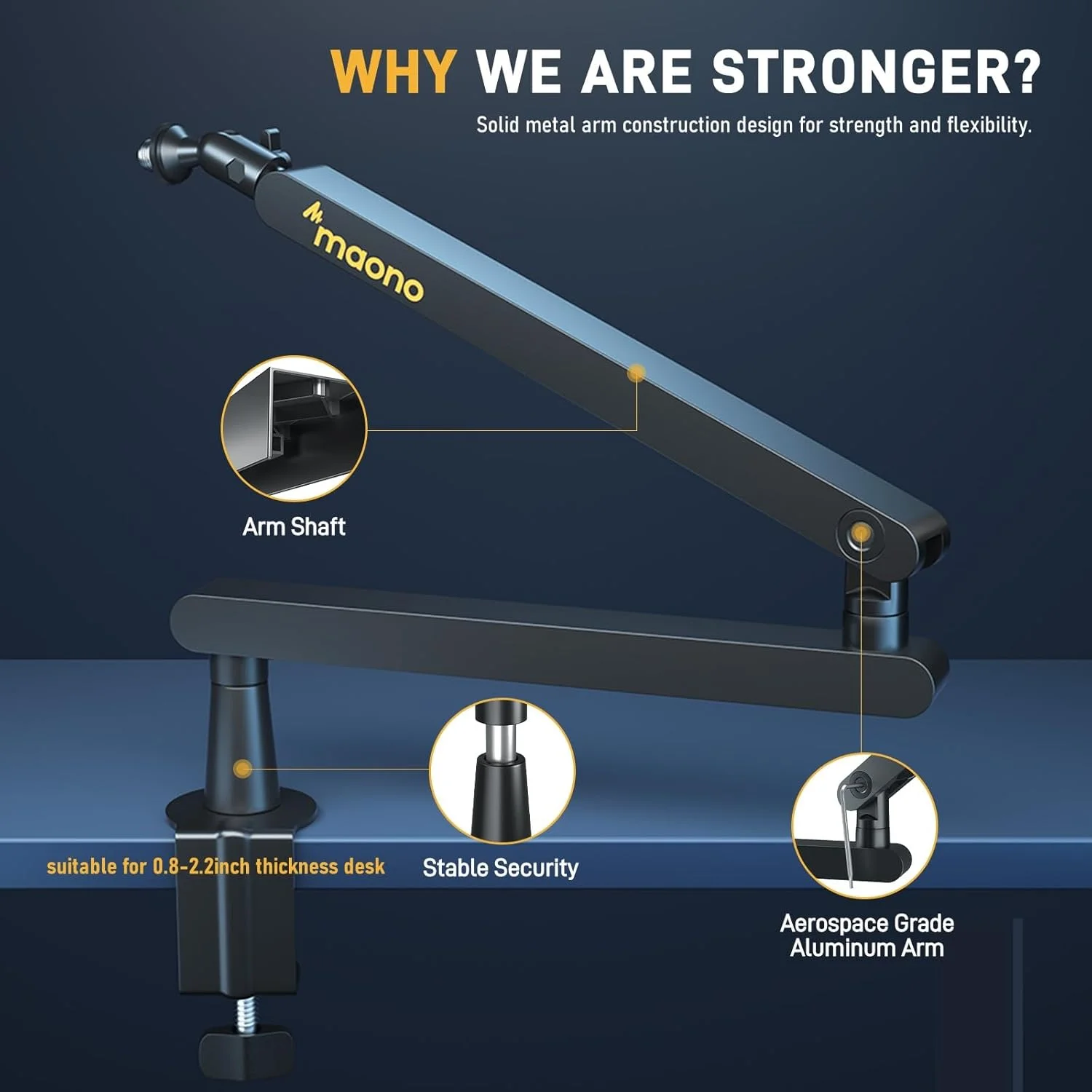 بازوی میکروفون MAONO، بازوی بوم میکروفون با کانال های مدیریت کابل، گیره رومیزی، نصب همه کاره و کاملا قابل تنظیم، پایه میکروفون سنگین برای پادکست (مشکی BA92 با نمای کم)