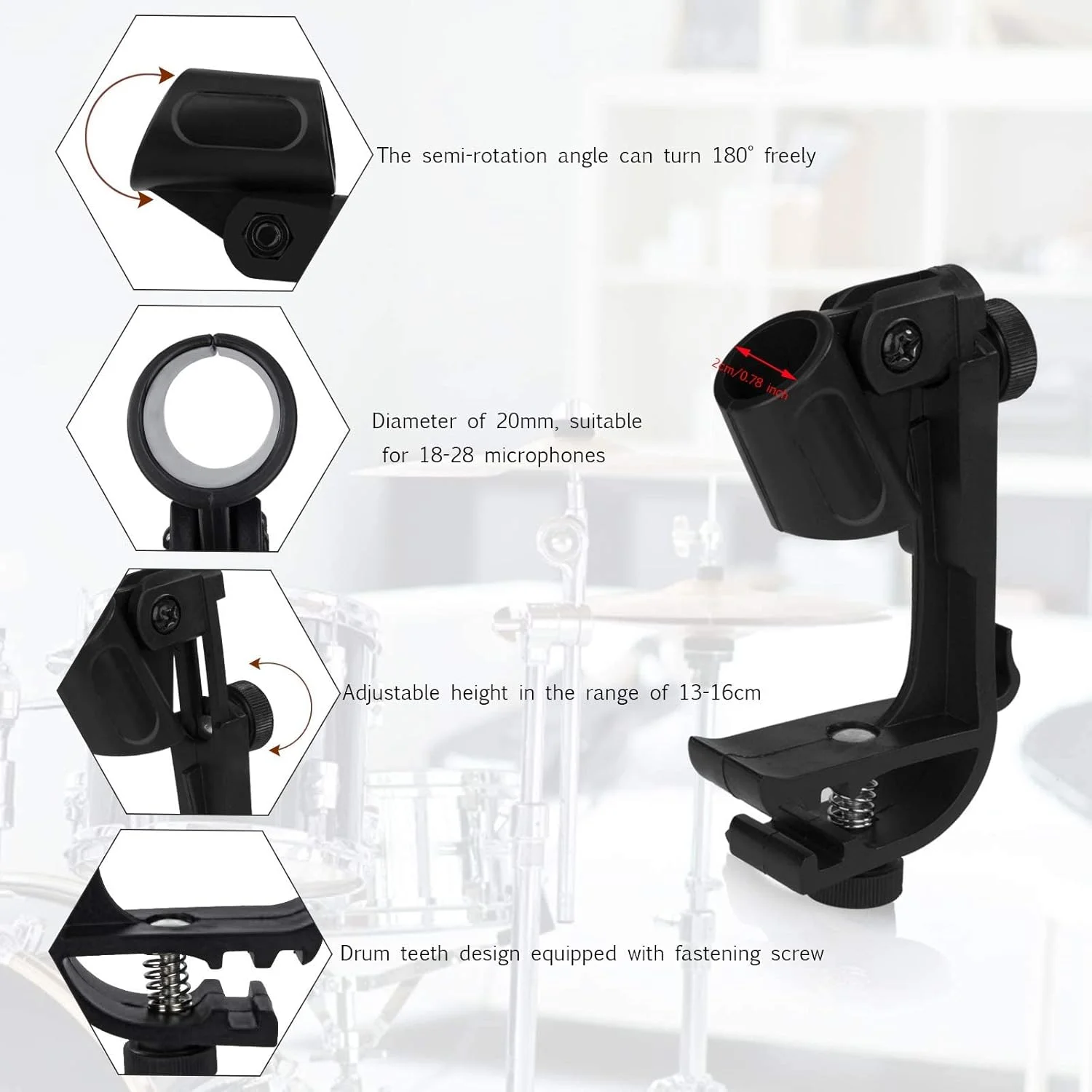 گیره های میکروفون درام، نگهدارنده میکروفون درام پلاستیکی قابل تنظیم و ضد ضربه، گیره نصب رینگ کاربردی، فنر، ضد زنگ و سازگار با محیط زیست، برای هر میکروفون دستی به طور پیوسته، 1 جفت (مشکی)