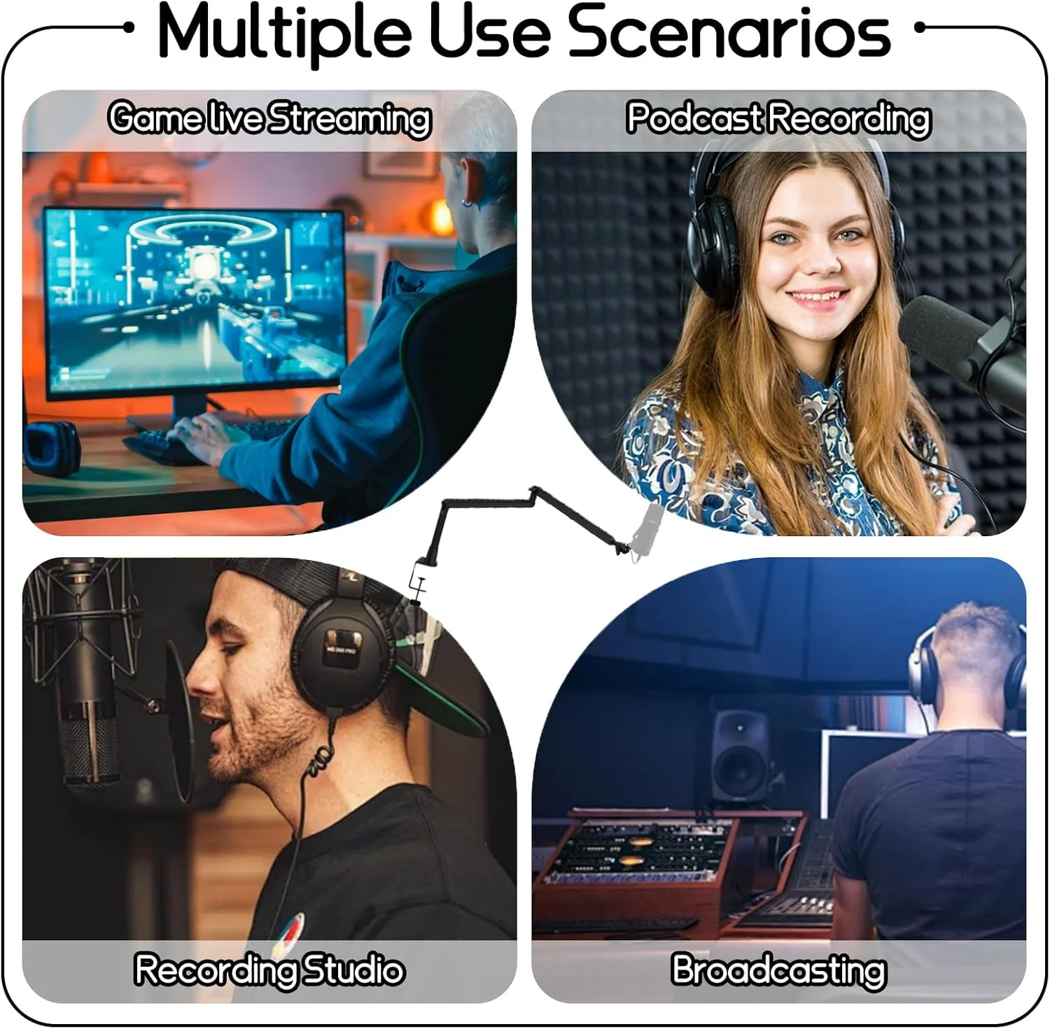 بازوی میکروفون با میله افزایش طول اضافی، چرخش 360 درجه، بازوی میکروفون رومیزی تاشو با آداپتور پیچ 1/4، 3/8، 5/8 اینچ، بازوی میکروفون برای پادکست، استیج یا استودیوی خانگی